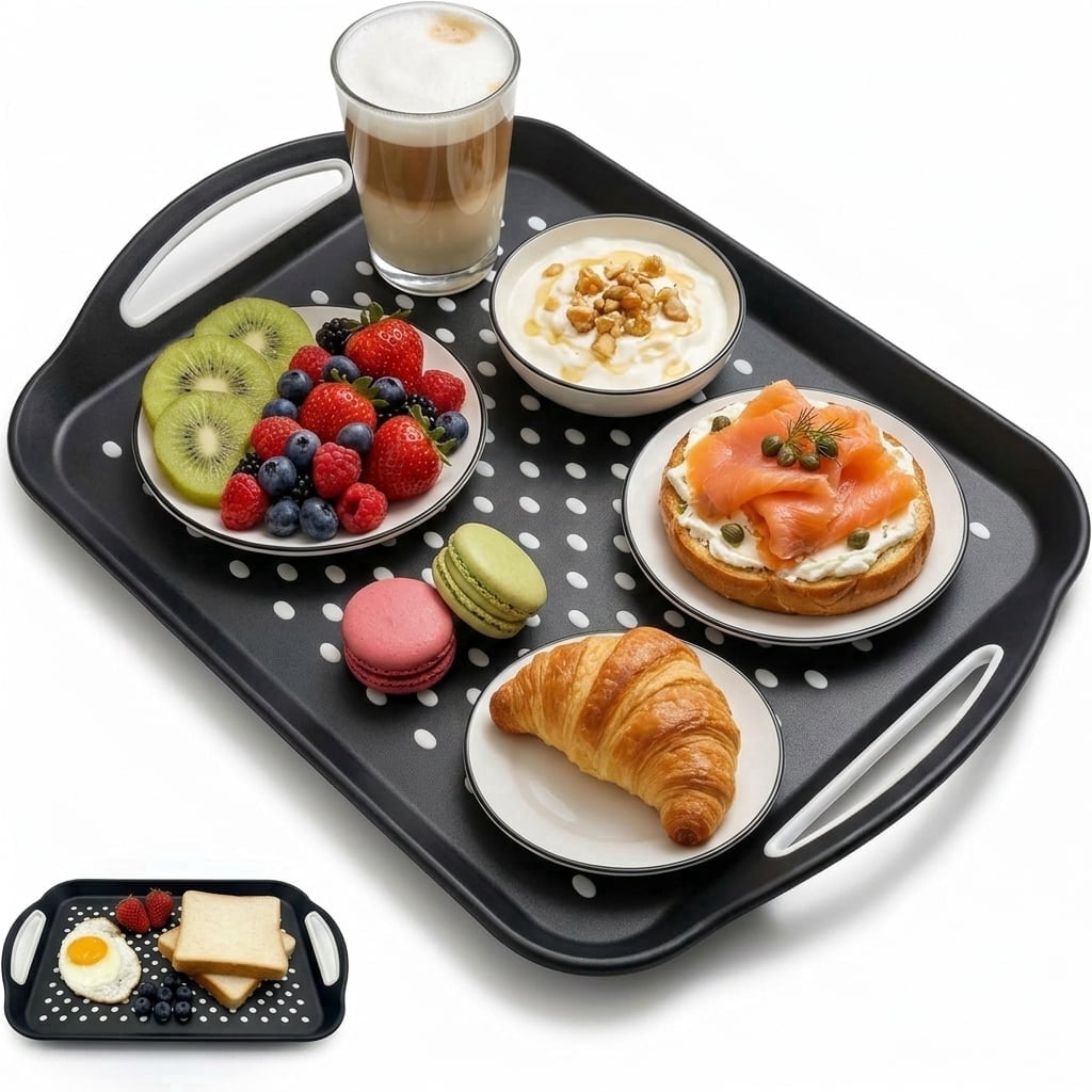 LYLHZRMDGC Non-Slip Serving Tray with Handles, Rubber Gripped Lap Food Tray for Eating, Dishwasher Safe (Black, 15.7 in x 11.2 in x 2 in) c9xwc