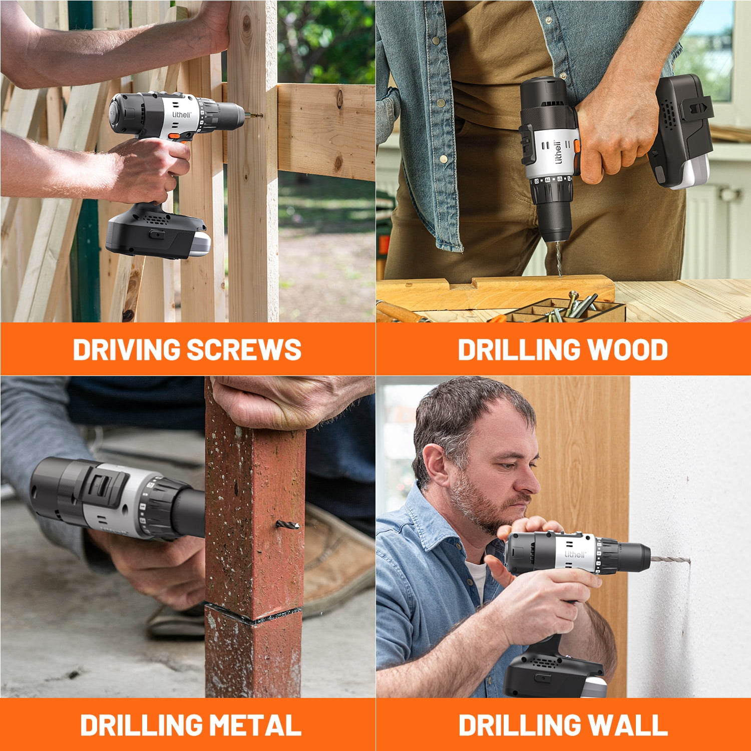 Litheli 20V Cordless Drill Driver (1/2 in Chuck, 2.0Ah Battery, 442 in-lb Torque) 3wpql