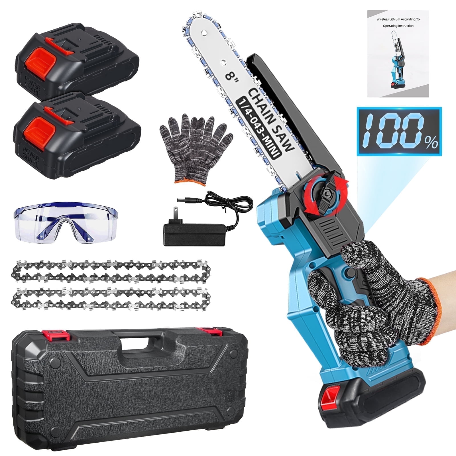 KingFurt 8 in Cordless Mini Chainsaw, Handheld Electric Power Tool with Automatic Lubrication (Blue, 2 Batteries, 2 Blades, 2 Chains) pzo83