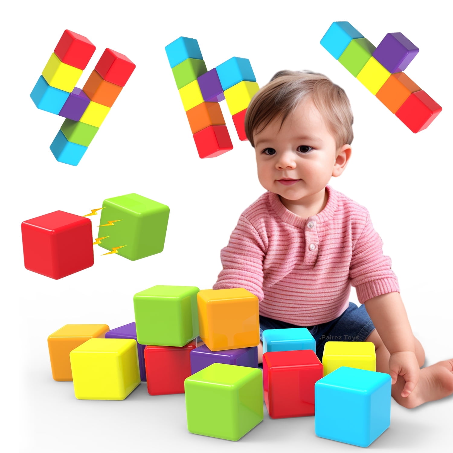 Pairez Toys Magnetic Building Blocks, Sensory Montessori Stacking Cubes for Toddlers (Rainbow, 12 Pcs, 1.65 in) e6wvl