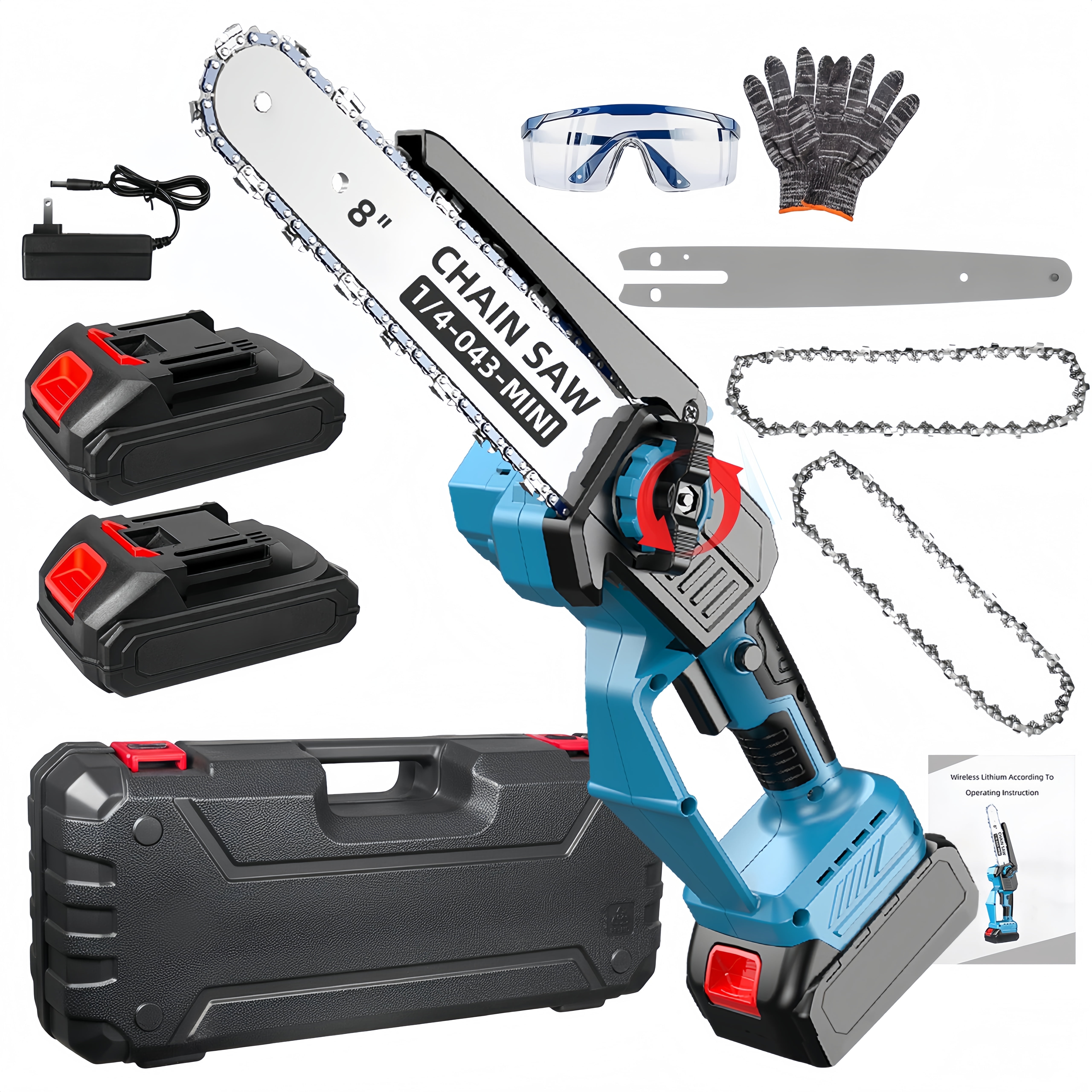 KingFurt 8 in Cordless Mini Chainsaw, Handheld Electric Power Tool with Automatic Lubrication (Blue, 2 Batteries, 2 Blades, 2 Chains) pzo83