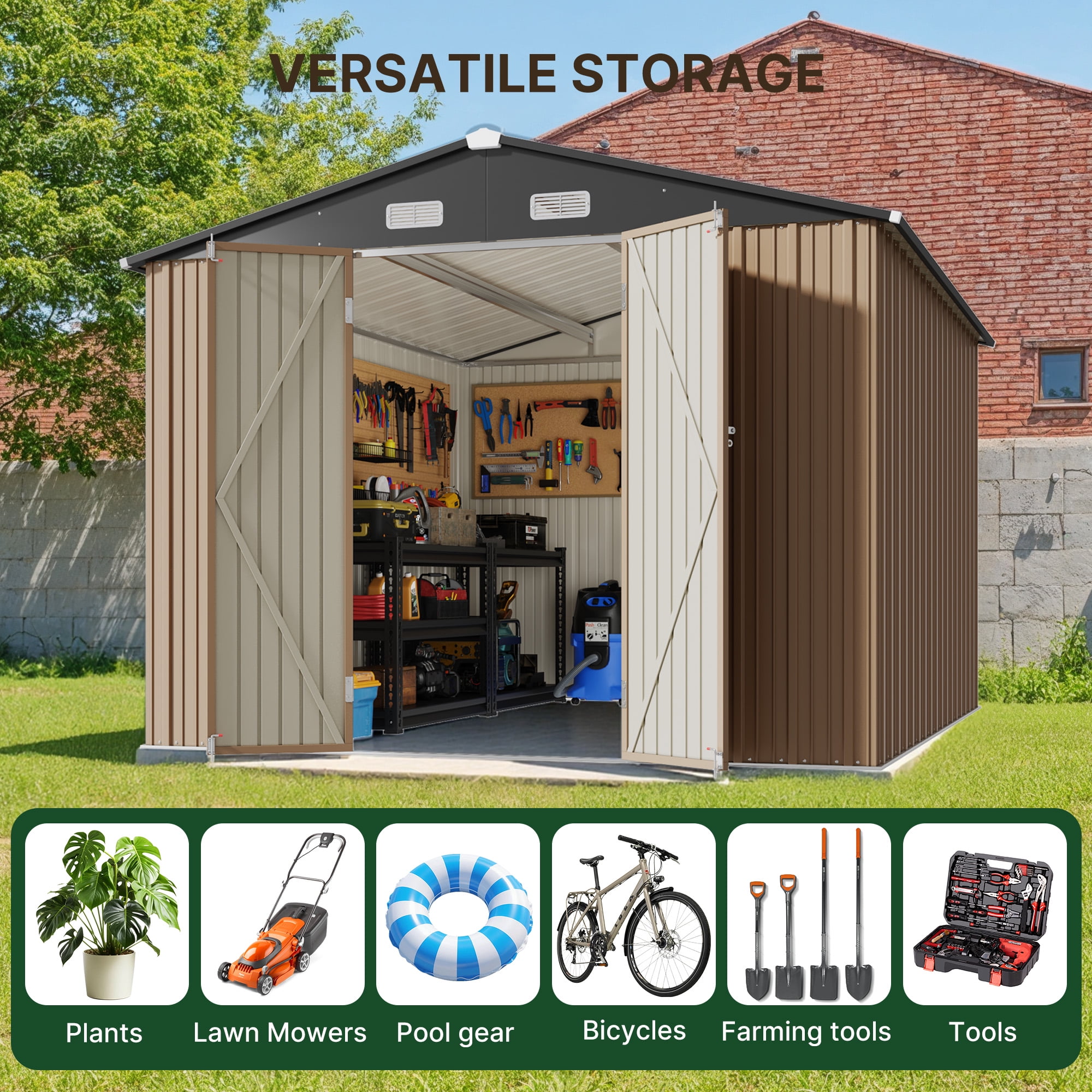 Lofka Outdoor Storage Shed, Galvanized Steel Garden Shed with Lockable Doors (Light Brown, 10 ft x 10 ft) 7du7e