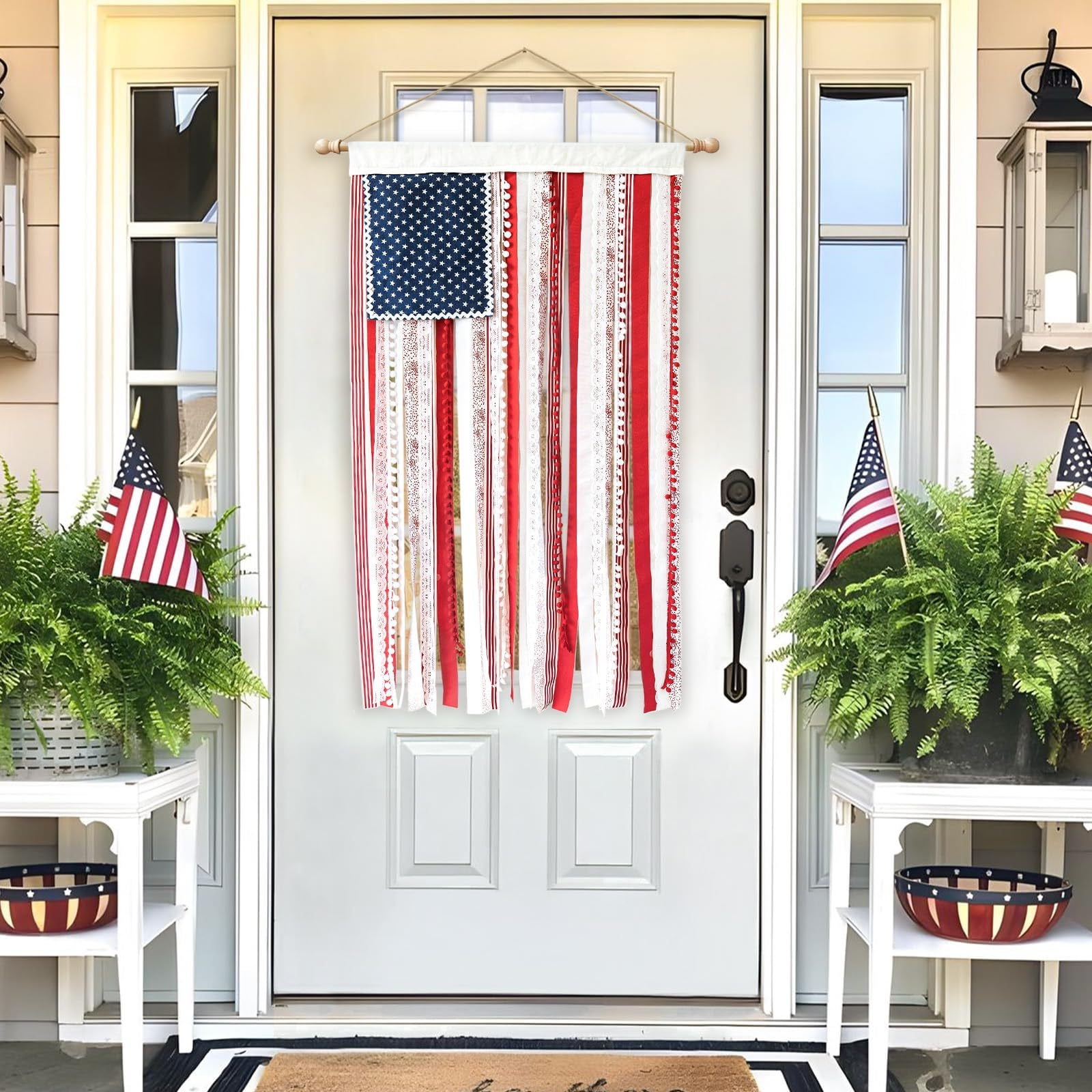 TOPRenddon American Flag Wall Decor, Distressed Vintage Style Patriotic Hanging Banner (Red White and Blue, 50 in x 27 in) 6e8uu