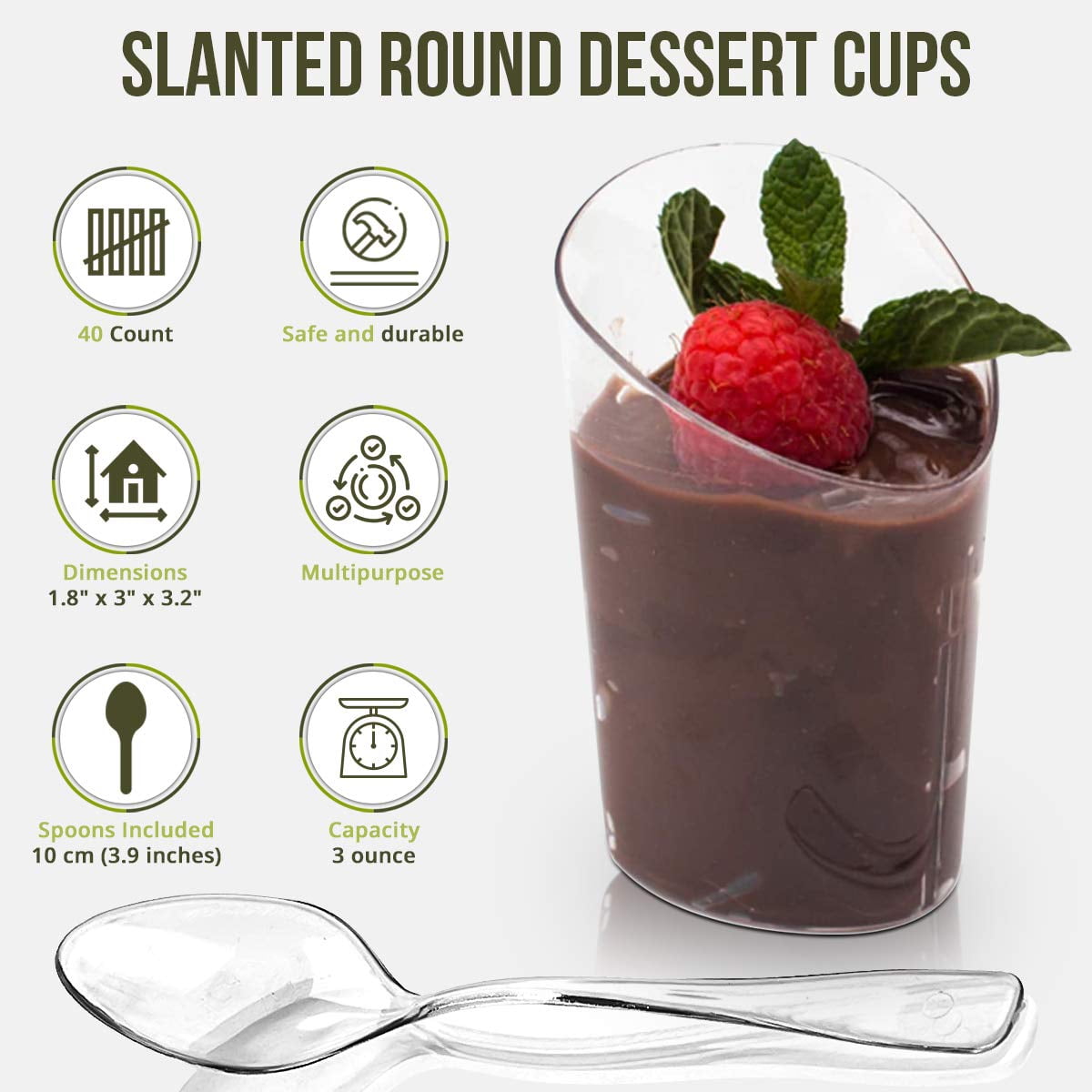 Oasis Creations Slanted Round Dessert Cups with Spoons, Elegant Clear Plastic Appetizer Serving Cups (Clear, 3 oz, 320 Count) hhikn