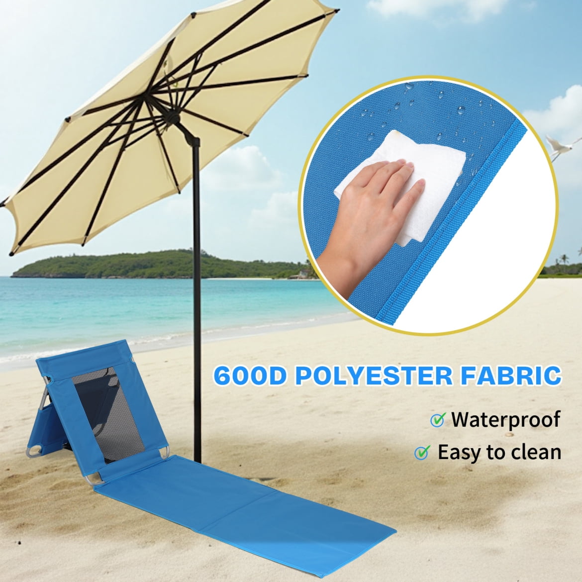 voqoomkl Foldable Beach Lounger Chair with Mesh Back and Cooler Pocket (Blue, 3.3 lb) pijga