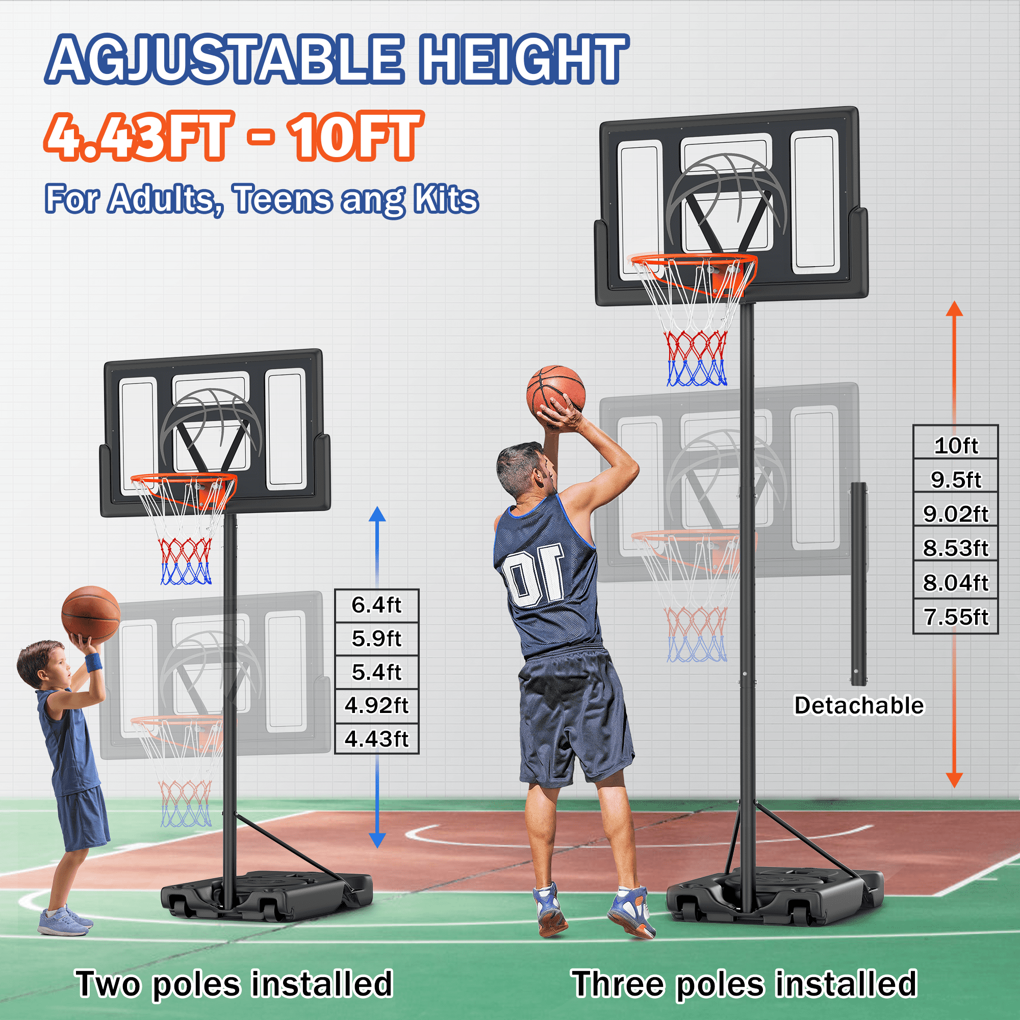 Dprodo Portable Basketball Hoop System with 44 in Shatterproof Backboard, Height Adjustable (Black, 4.4 ft to 10 ft) xlnx1