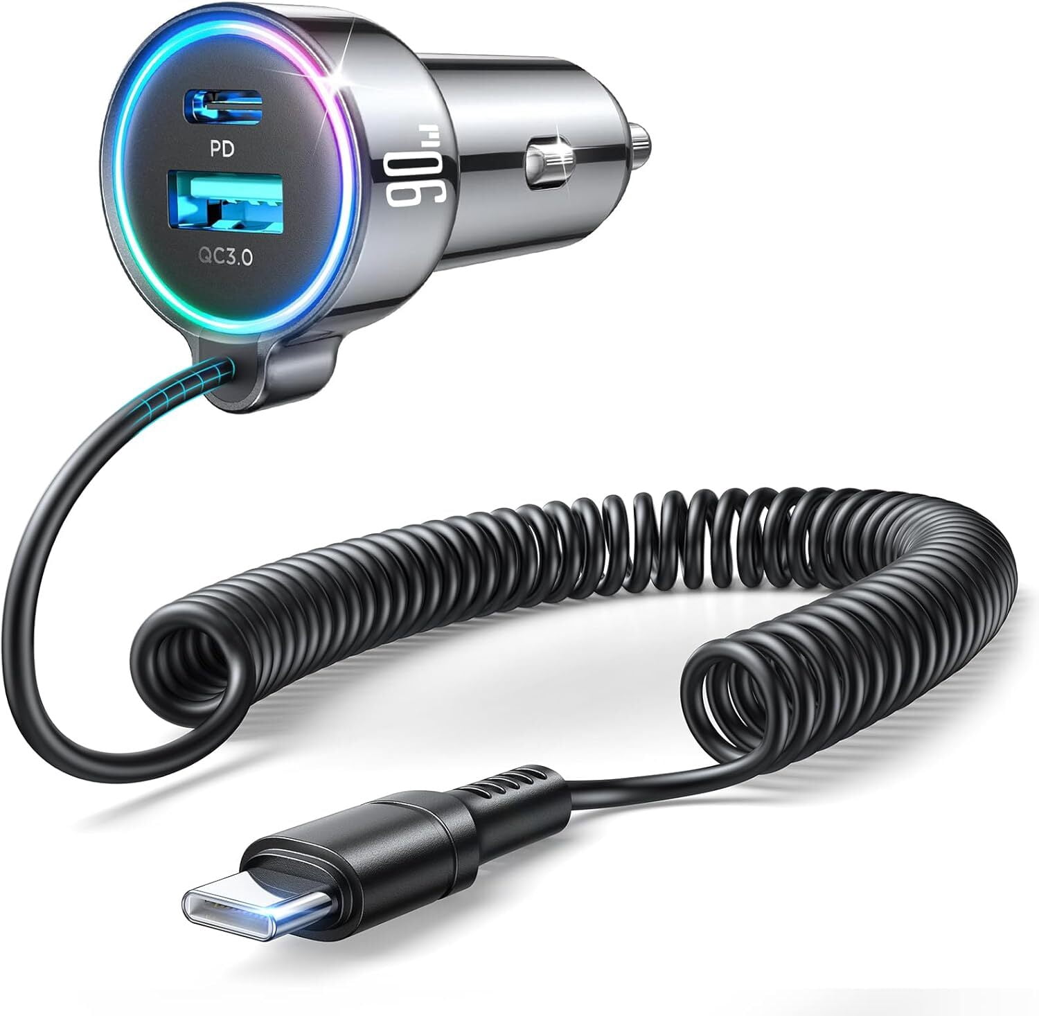 JOYROOM 90W USB C Car Charger, Fast Charging Dual Port PD & QC 3.0 Adapter with 5ft Built-in Type C Cable (Black, 1 Pack) bzlw2
