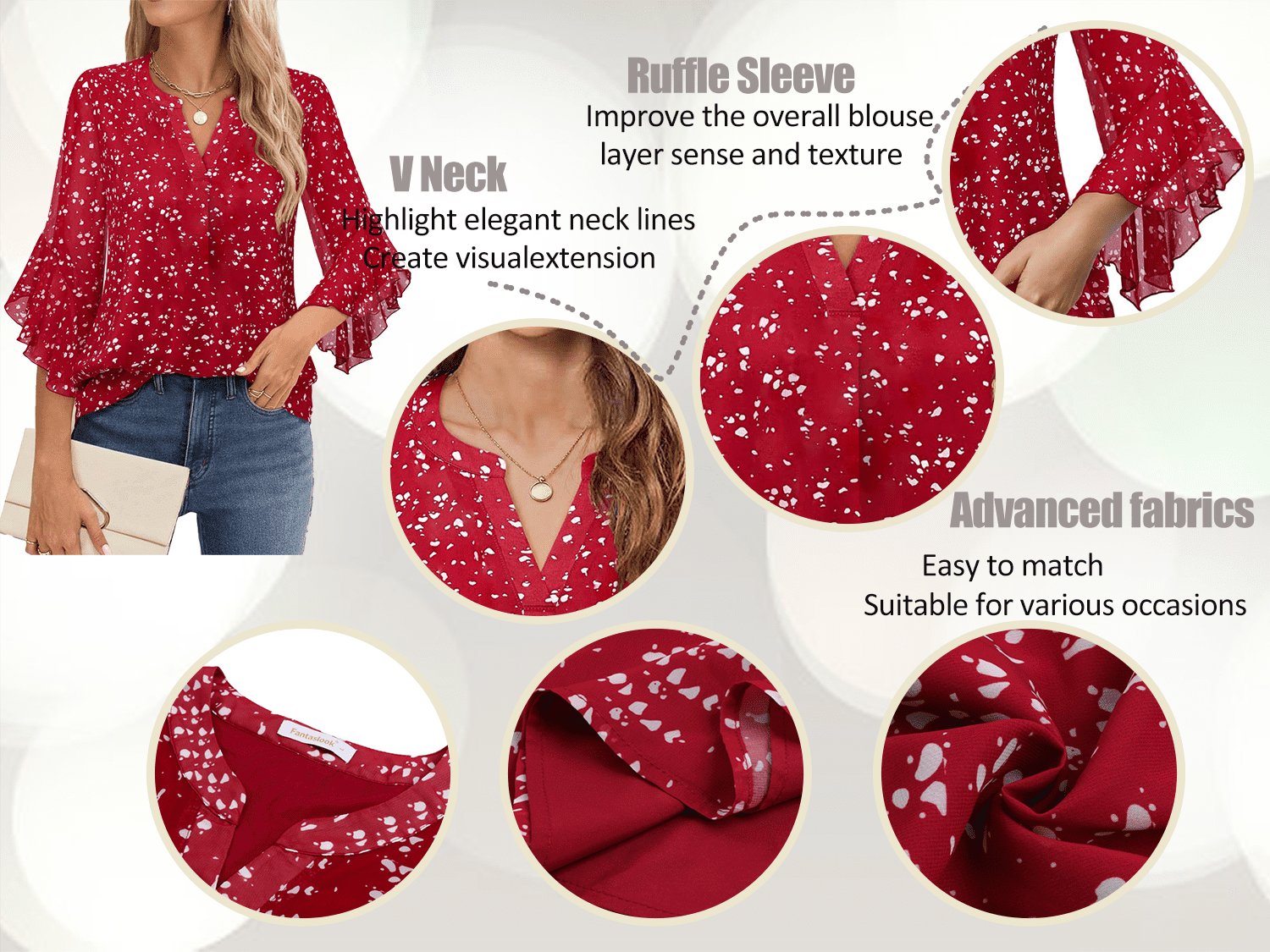 Fantaslook Womens V Neck Blouse 3/4 Ruffle Sleeve Dressy Casual Work Shirt (Red, L) 7ag4q