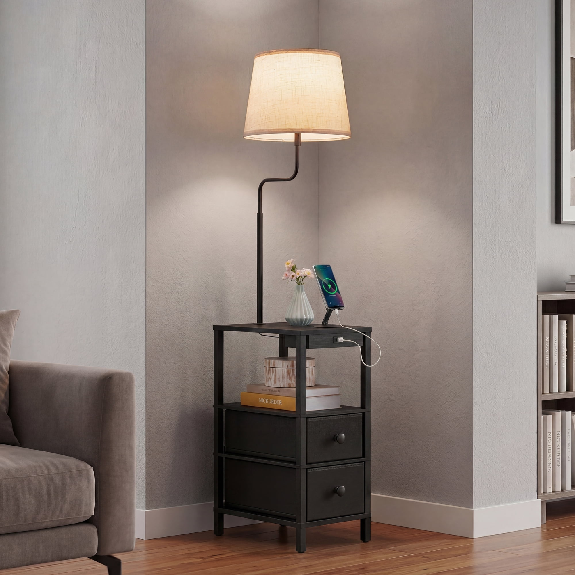 EDISHINE Rustic Farmhouse Floor Lamp with Side Table and USB Charging Station (Black, 58.2 in) gdn3j