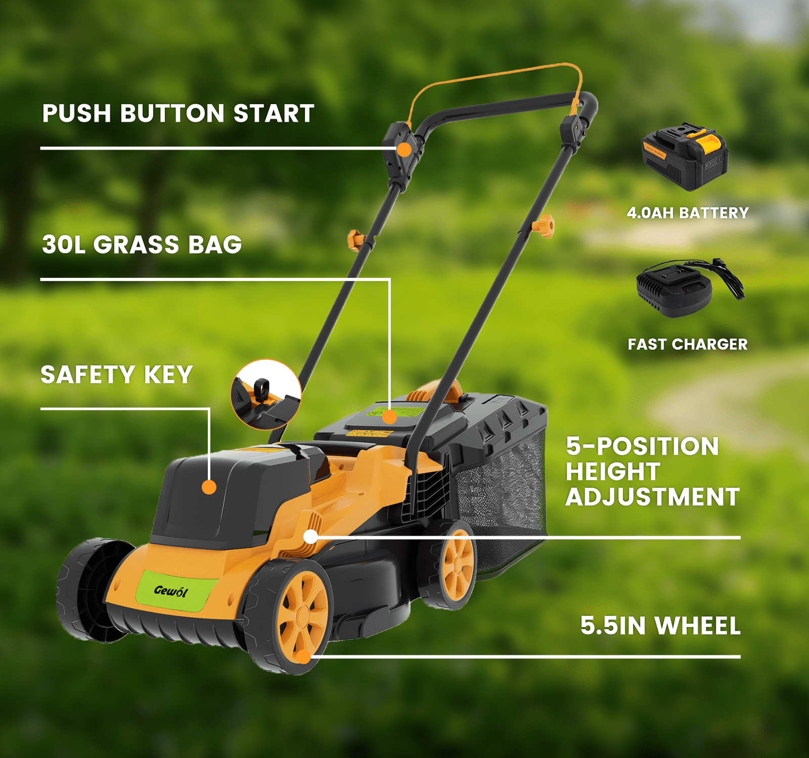 Gewol 20V 13 in Cordless Lawn Mower, Lightweight Push Mower with 2 Batteries & Fast Charger (13 in) 9vq7g