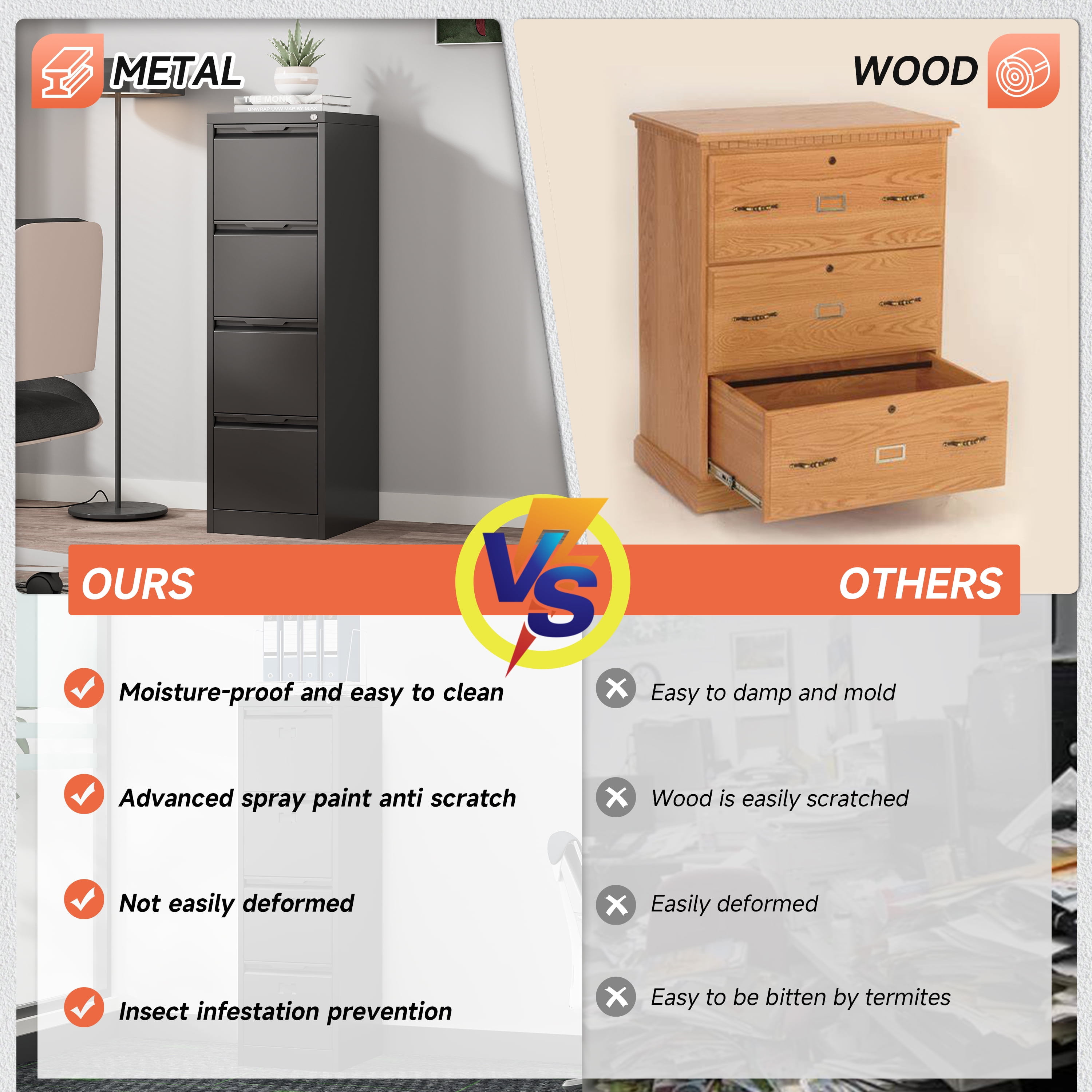 Kooyon 4 Drawer Metal File Cabinet with Lock, Heavy-Duty Home Office Filing Storage (Black, 17.8 in Deep) tyn09