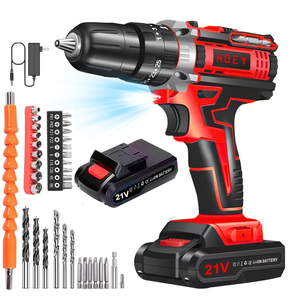 Hoey 21V Cordless Power Drill Set with 34-Piece Accessory Kit, 3/8 Inch Keyless Chuck, 2-Speed Compact Driver (Red, 34-Piece Set) 7xxuz