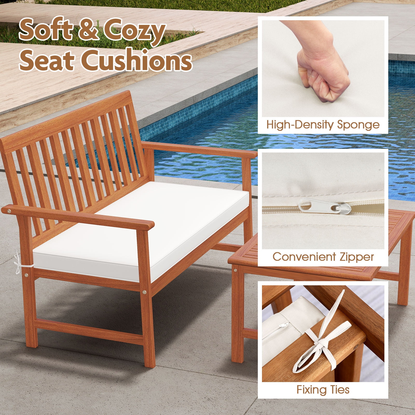 Gymax 4-Piece Acacia Wood Patio Conversation Set with Cushions (White, 4-Piece Set) zioc6