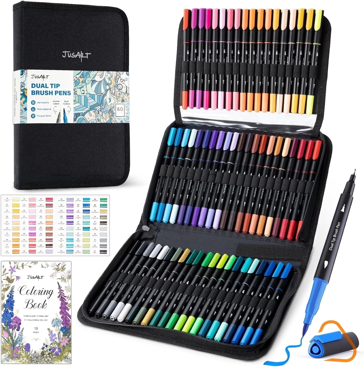 JusArt Dual Tip Art Markers Set, Professional Water-Based Drawing Pens for Adult Coloring (60 Colors, 60 Count) cux54