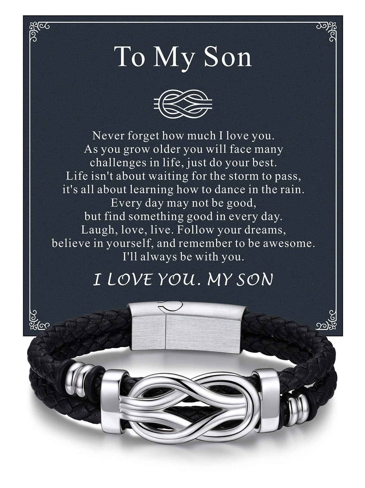 Bandmax Infinity Knot Leather Bracelet for Men, Stainless Steel Cuff with Message Card (Black, 8.3 in) vtnm0