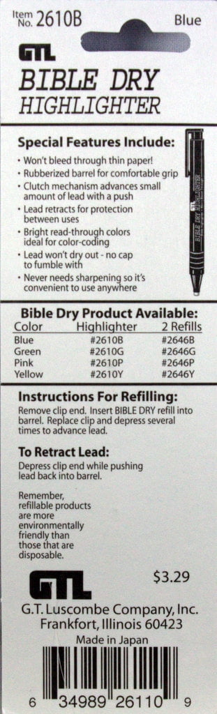 G.T. Luscombe Bible Dry Highlighter No Bleed-Through (Blue, 6 Pack) xpawk