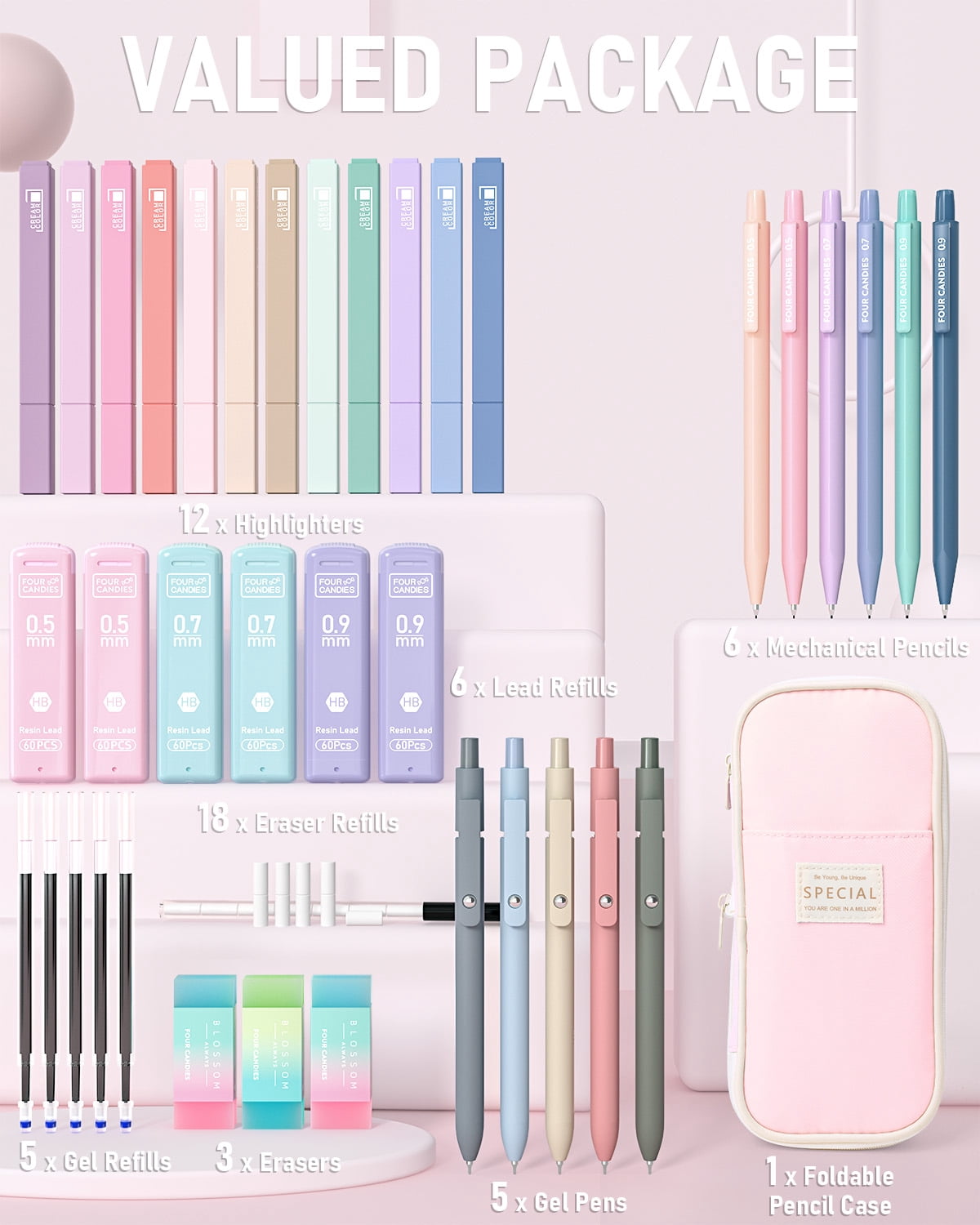 Four Candies Aesthetic Stationery Set with Pencil Case, Pastel Highlighters, Gel Pens, and Mechanical Pencils (Pink, 39 Piece Set) e4ql3