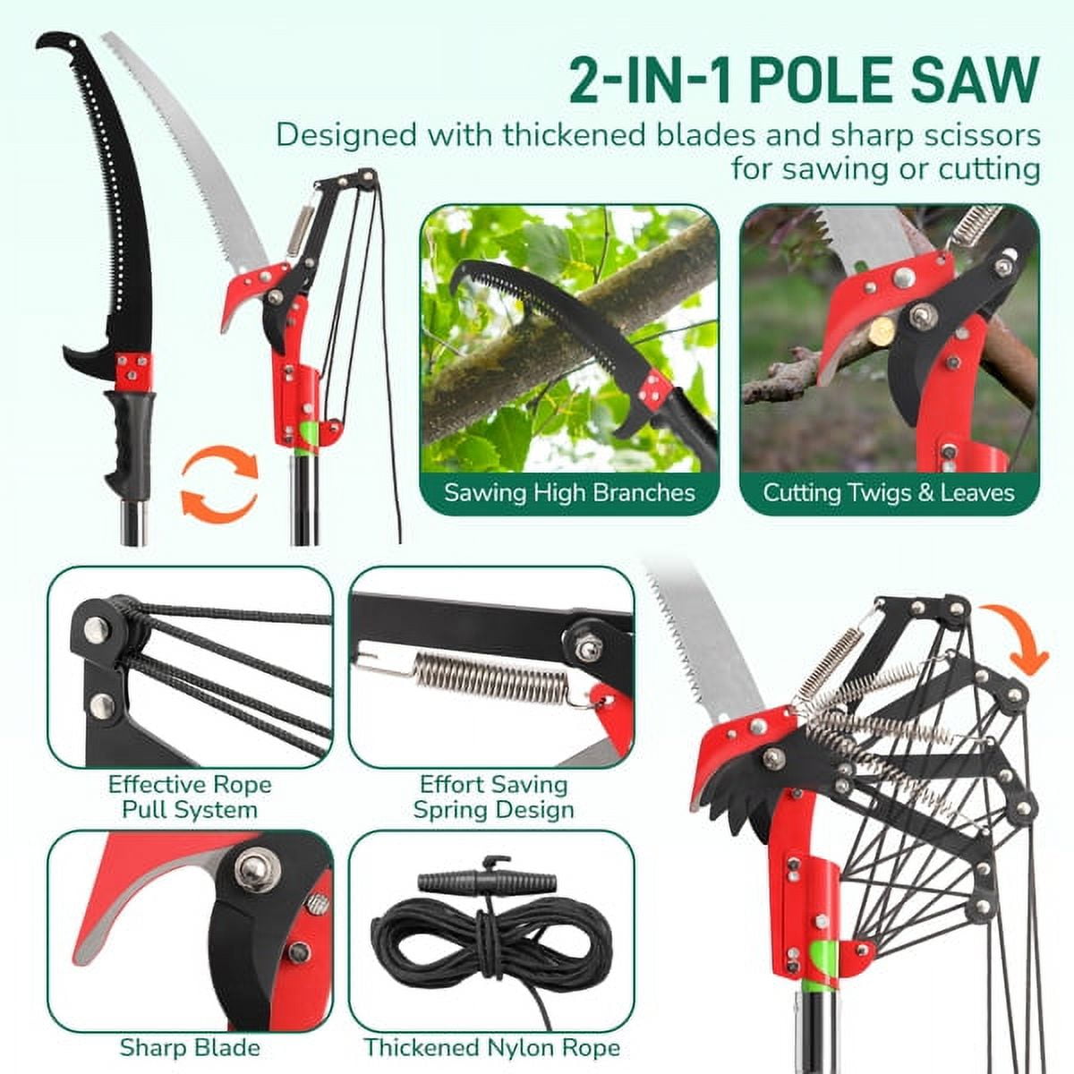 AsterOutdoor 26ft Manual Pole Saw Tree Trimmer Set with Extendable Fiberglass Handle (Green, 26 ft) 7ij24