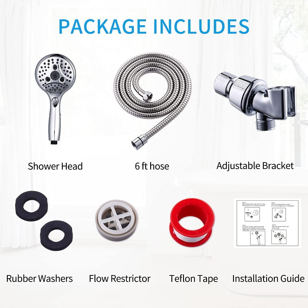 VXV Handheld Shower Head with On/Off Switch and 6 Spray Settings (Chrome, 6 ft Hose) a0xno