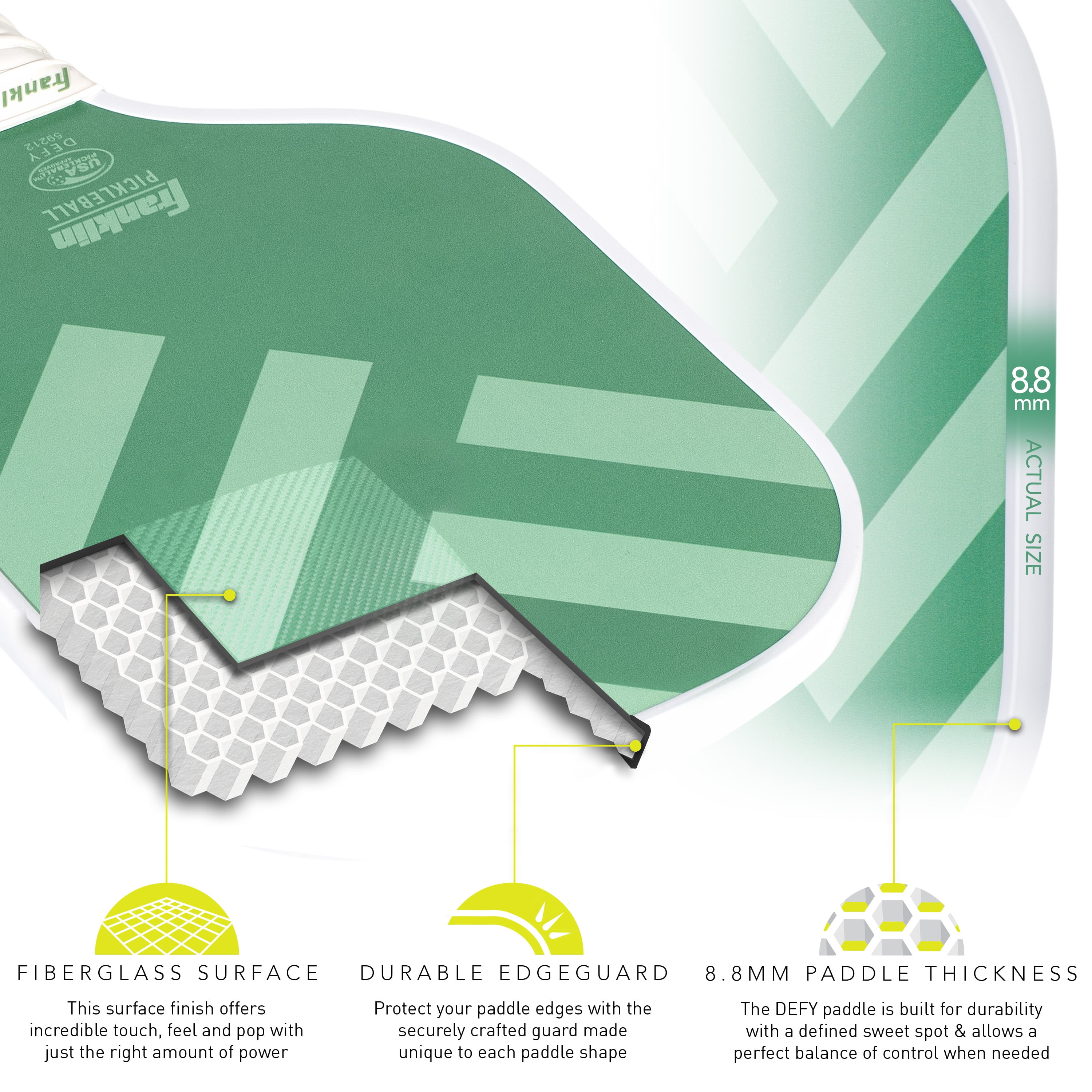 Franklin Sports DEFY Pickleball Paddle, Professional Fiberglass Surface with Polypropylene Core (Green, 7.4 oz) anwvm