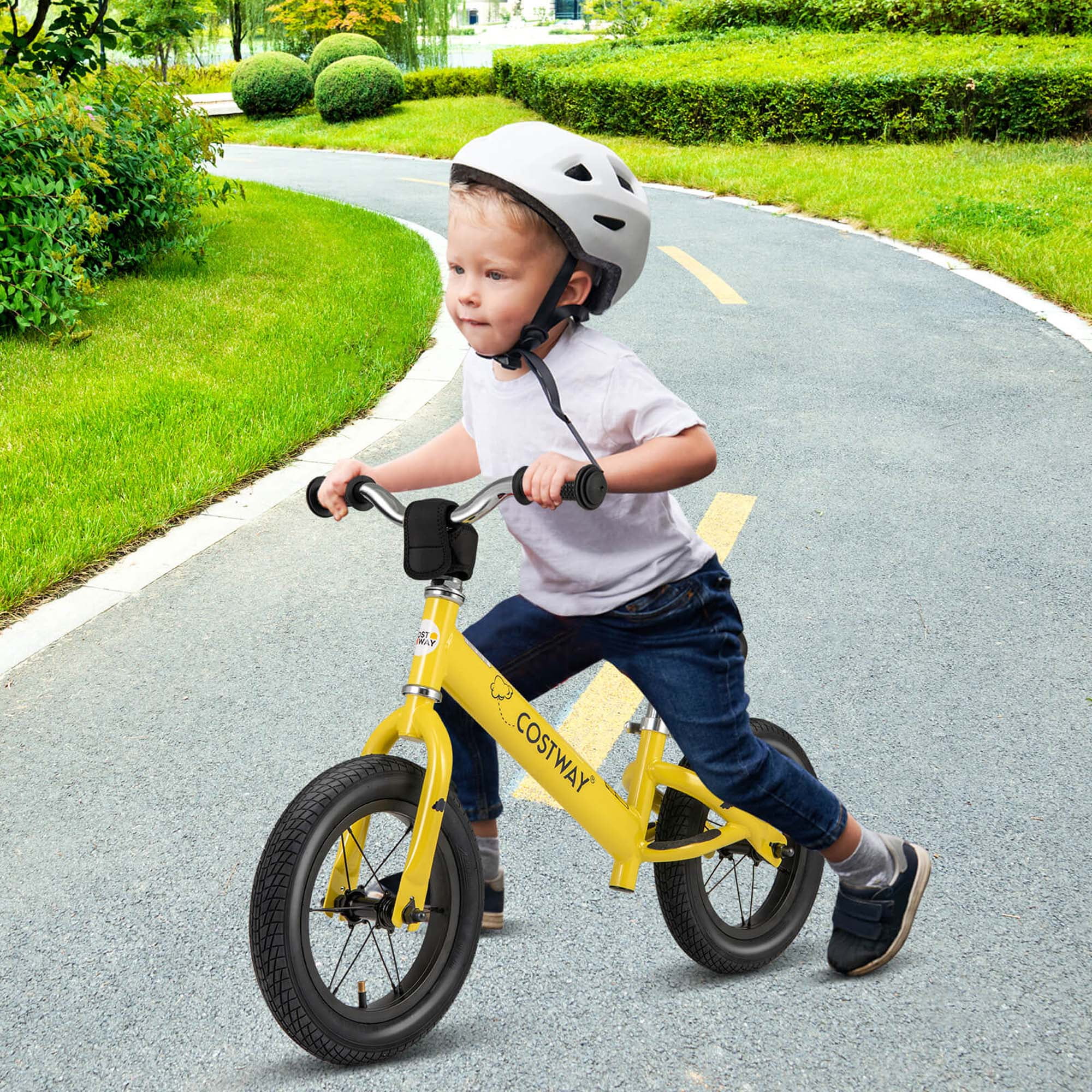 Costway Toddler Balance Bike No Pedal Training Bicycle with Inflatable Rubber Tires (Yellow, 12 in) dd9y5