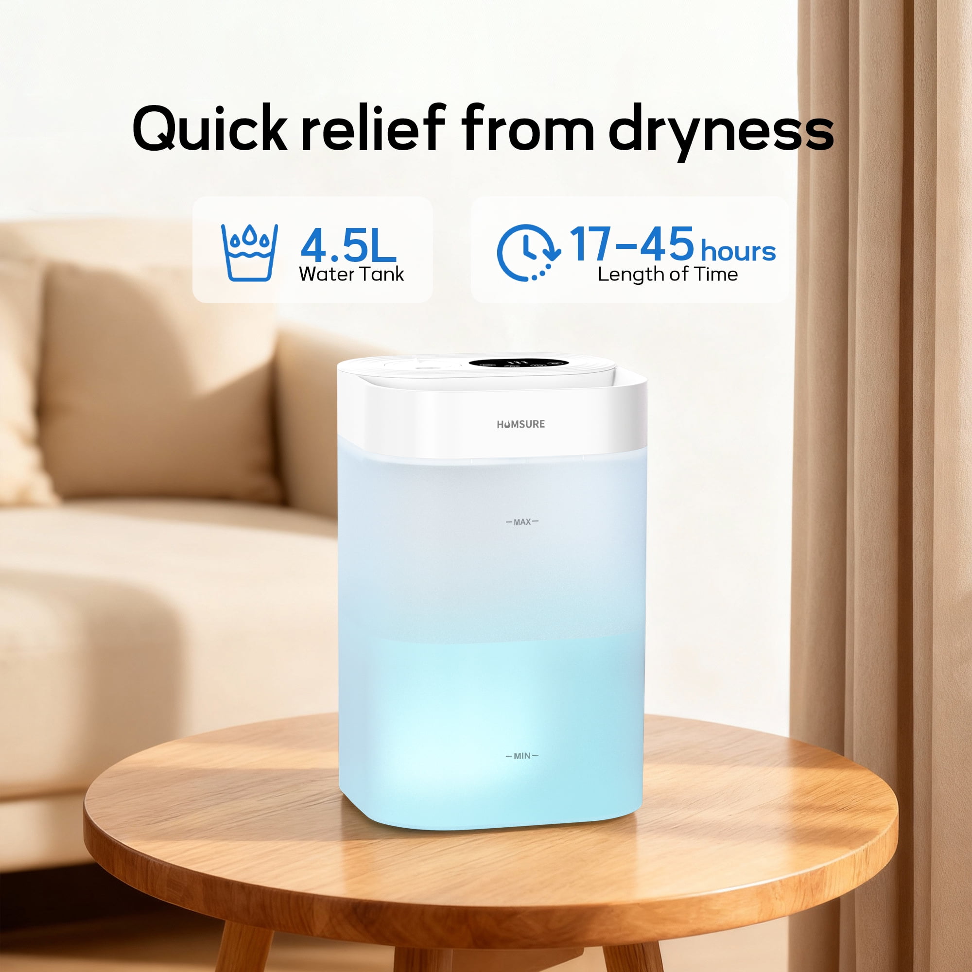 HUMSURE Ultrasonic Cool Mist Humidifier for Bedroom and Plants, Silent Operation with Essential Oil Tray and 7-Color LED Light (White, 1.19 gal) fsspf