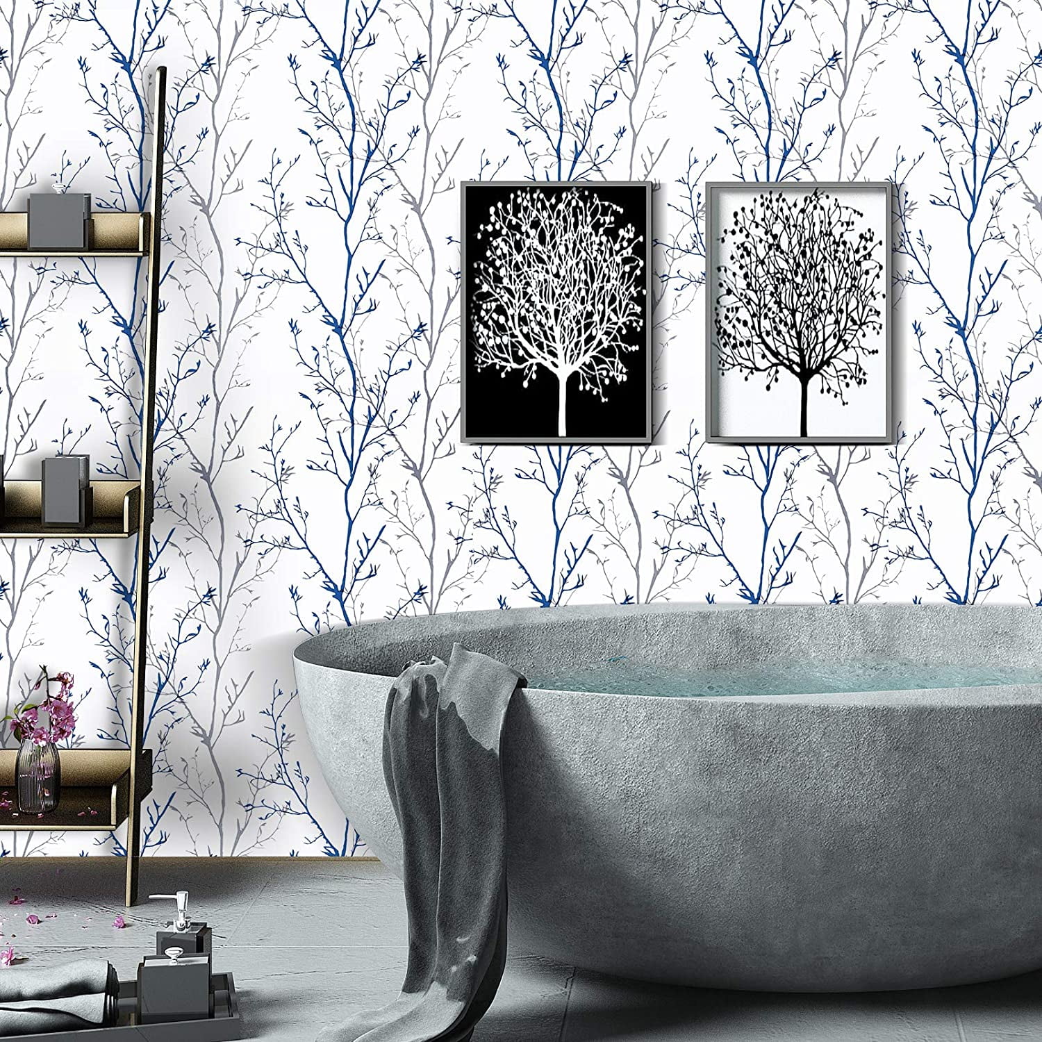 Caltero Peel and Stick Wallpaper, Grey Blue Tree Branch Self-Adhesive Decorative Wall Covering (17.7 in x 118 in) d7ze7