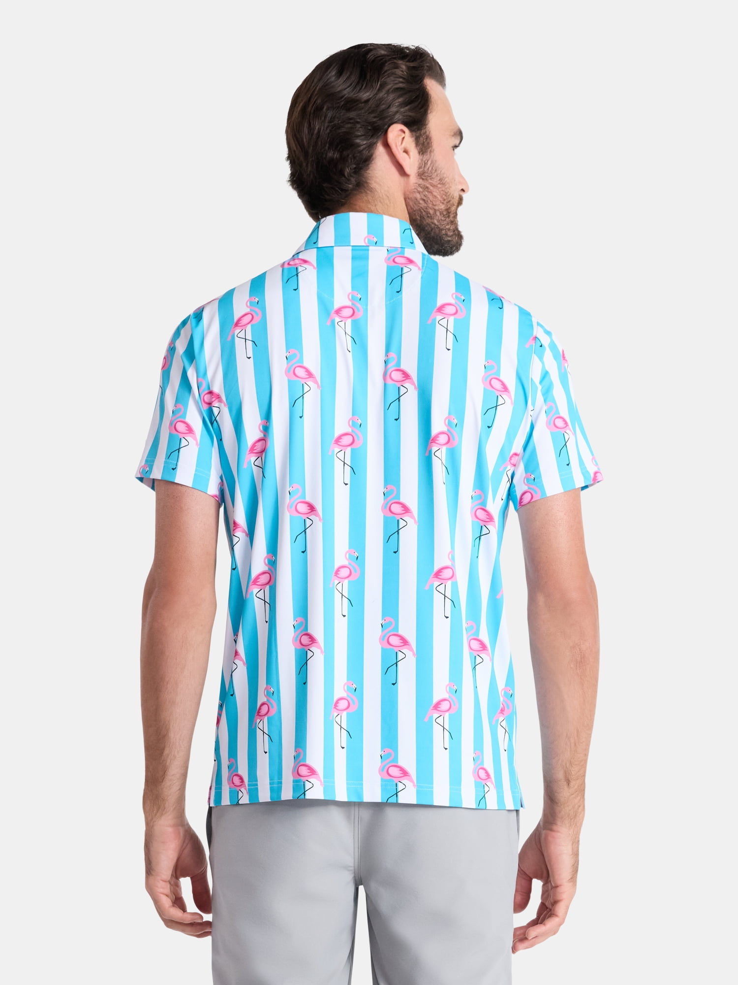 Birdie Bound Men's Beverly Stripe Flamingos Print Polo Shirt (Blue, XS-4XLT) 4lm7p