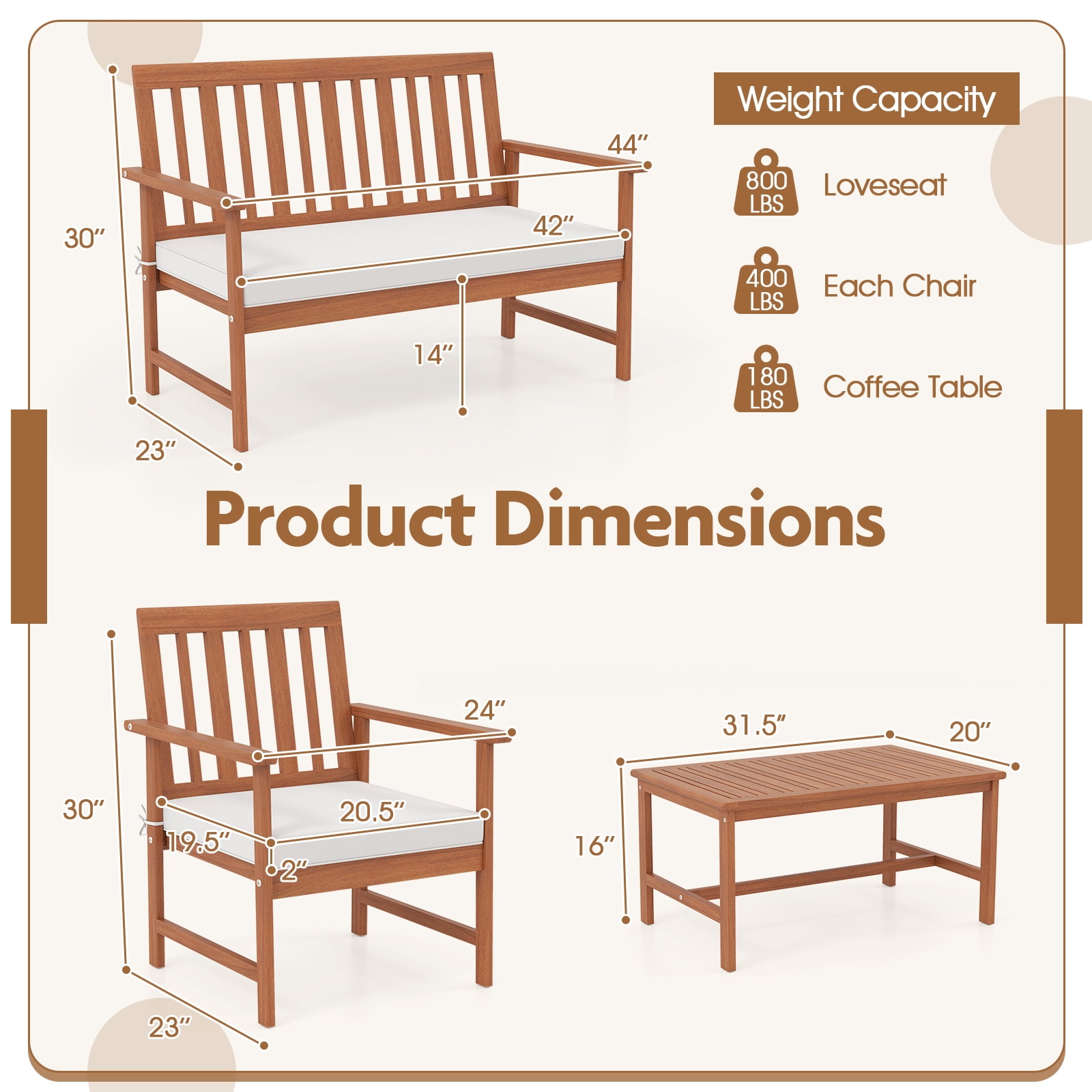 Gymax 4-Piece Acacia Wood Patio Conversation Set with Cushions (White, 4-Piece Set) zioc6