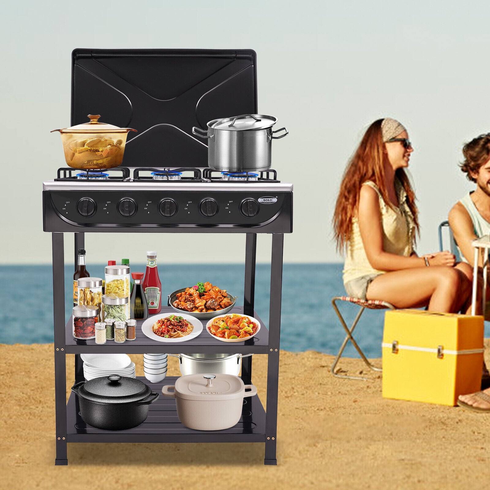 Generic 5-Burner Gas Stove Outdoor Camping BBQ Grill with 2-Tier Storage Rack (Black) g36xu