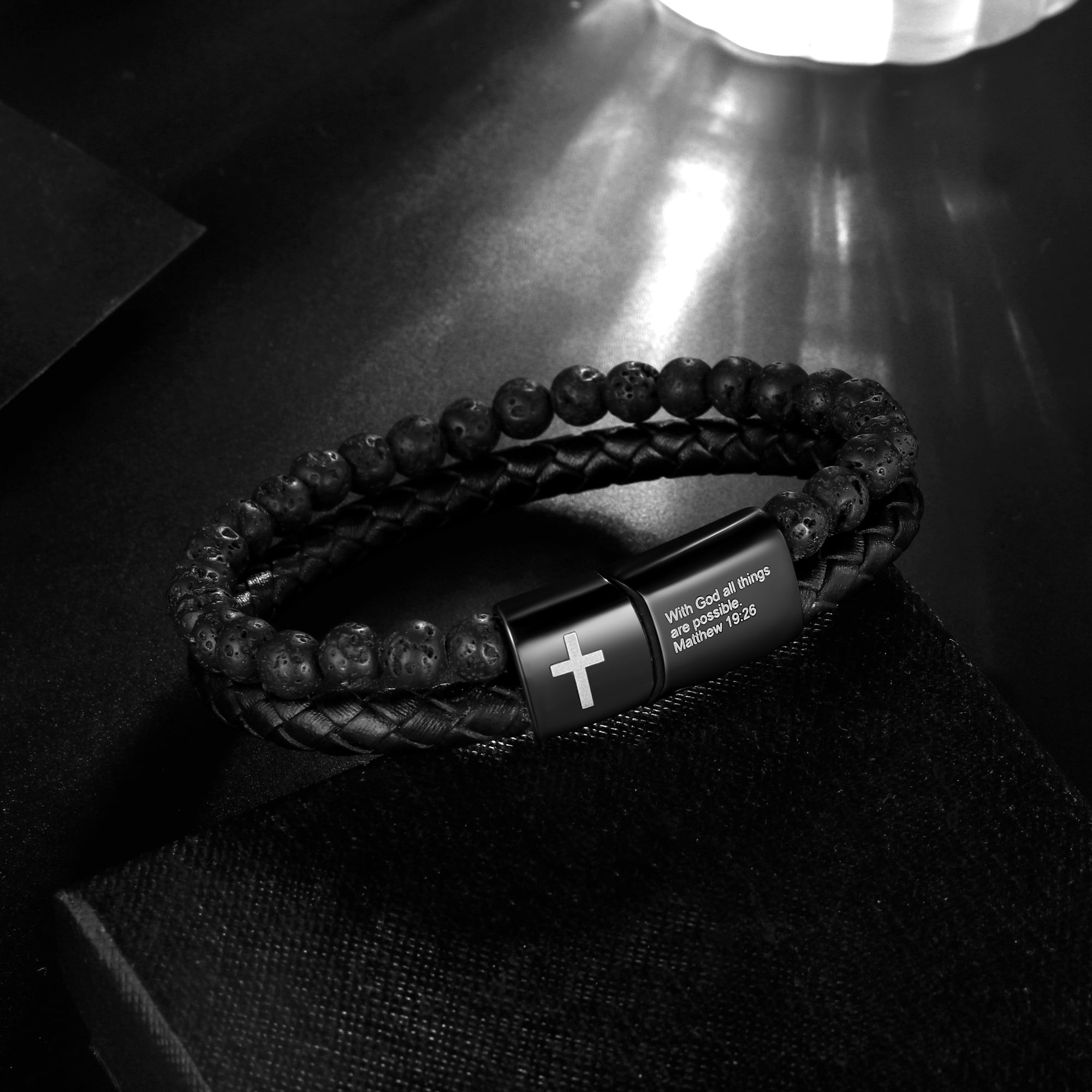 Jewmon Men's Inspirational Bible Verse Bracelet, Lava Rock and Braided Leather Cuff with Magnetic Clasp (Black, 8.5 in) k43q5