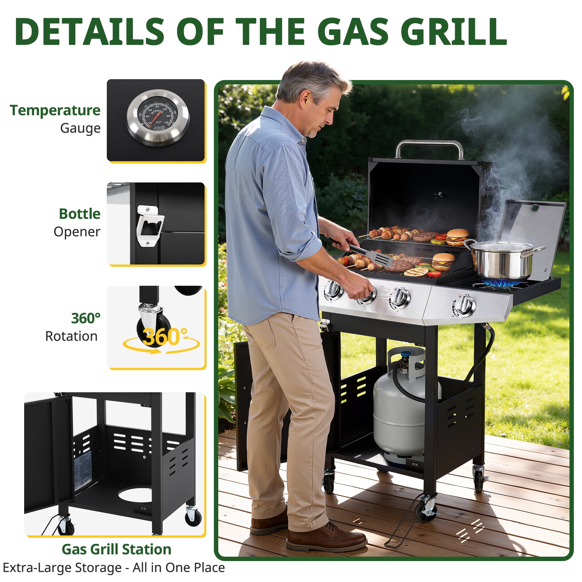 Seizeen 3-Burner Propane Gas Grill with Side Burner and Storage Cabinet (Black, 40,000 BTU) eqsts