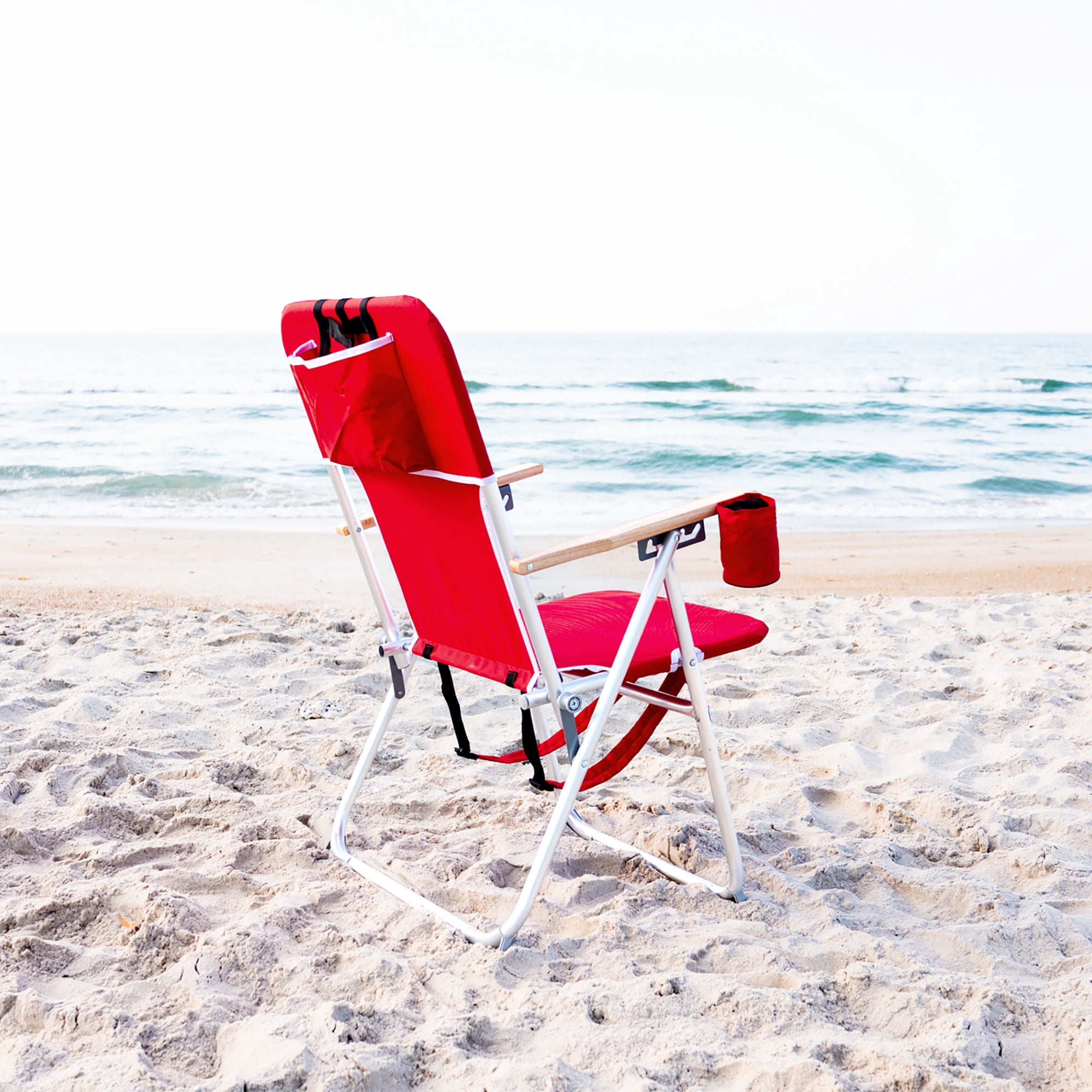 Caribbean Joe Folding Beach Chair, 4-Position Reclining Outdoor Seat with Backpack Straps and Wooden Armrests (Red, 350 lb Capacity) te9be