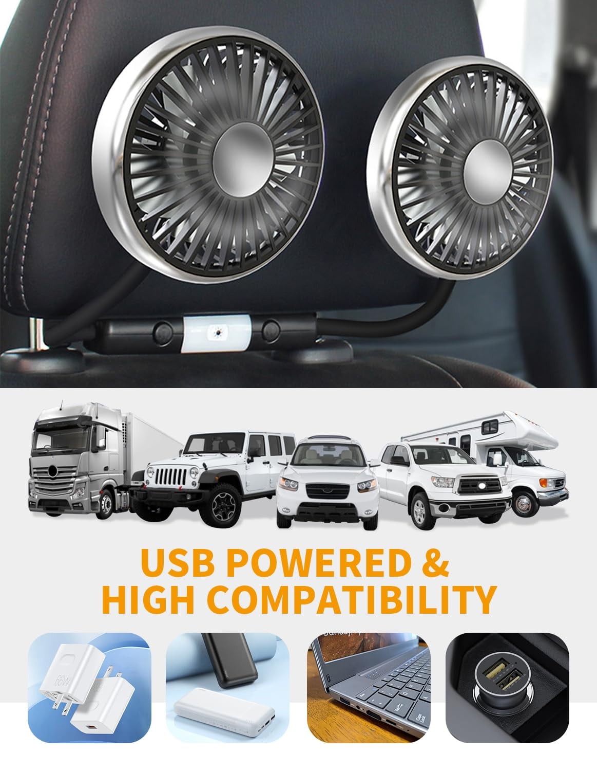 Prociv Dual Head Car Fan with LED Lights, 3-Speed USB Cooling Fan for Vehicles, 360 Degree Rotatable (Black, 1 Pack) 6v8zv