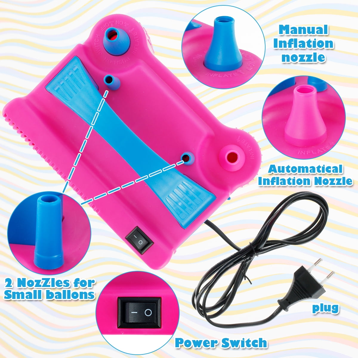 Vensio Electric Balloon Pump Dual Nozzle Inflator for Party Arch Garland Kit (Rose Red, 1 Unit) 8p346