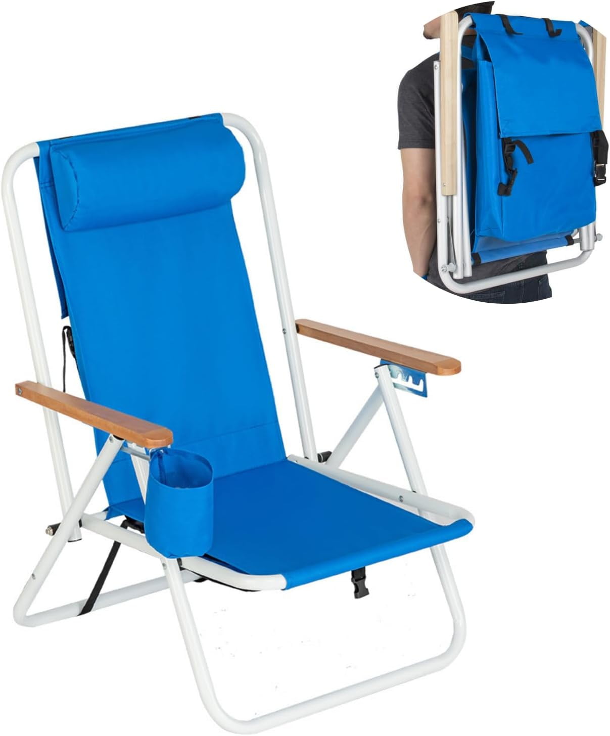 Generic Portable Folding Beach Chair with Adjustable Headrest and Cup Holder (Blue, 30 in x 23 in x 25 in) yyqbv