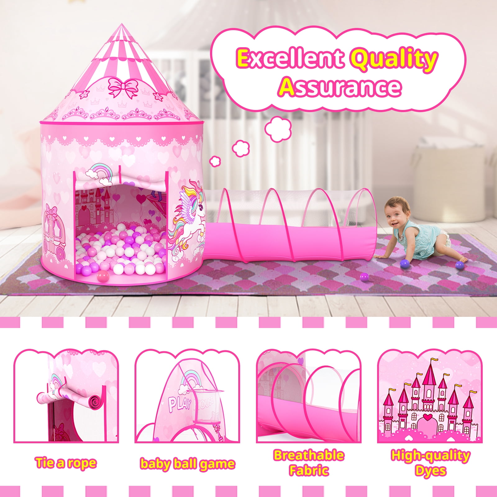 Wilwolfer Kids Play Tent and Tunnel Set with Ball Pit for Indoor and Outdoor Fun (Pink, 3-Piece Set) yqad5