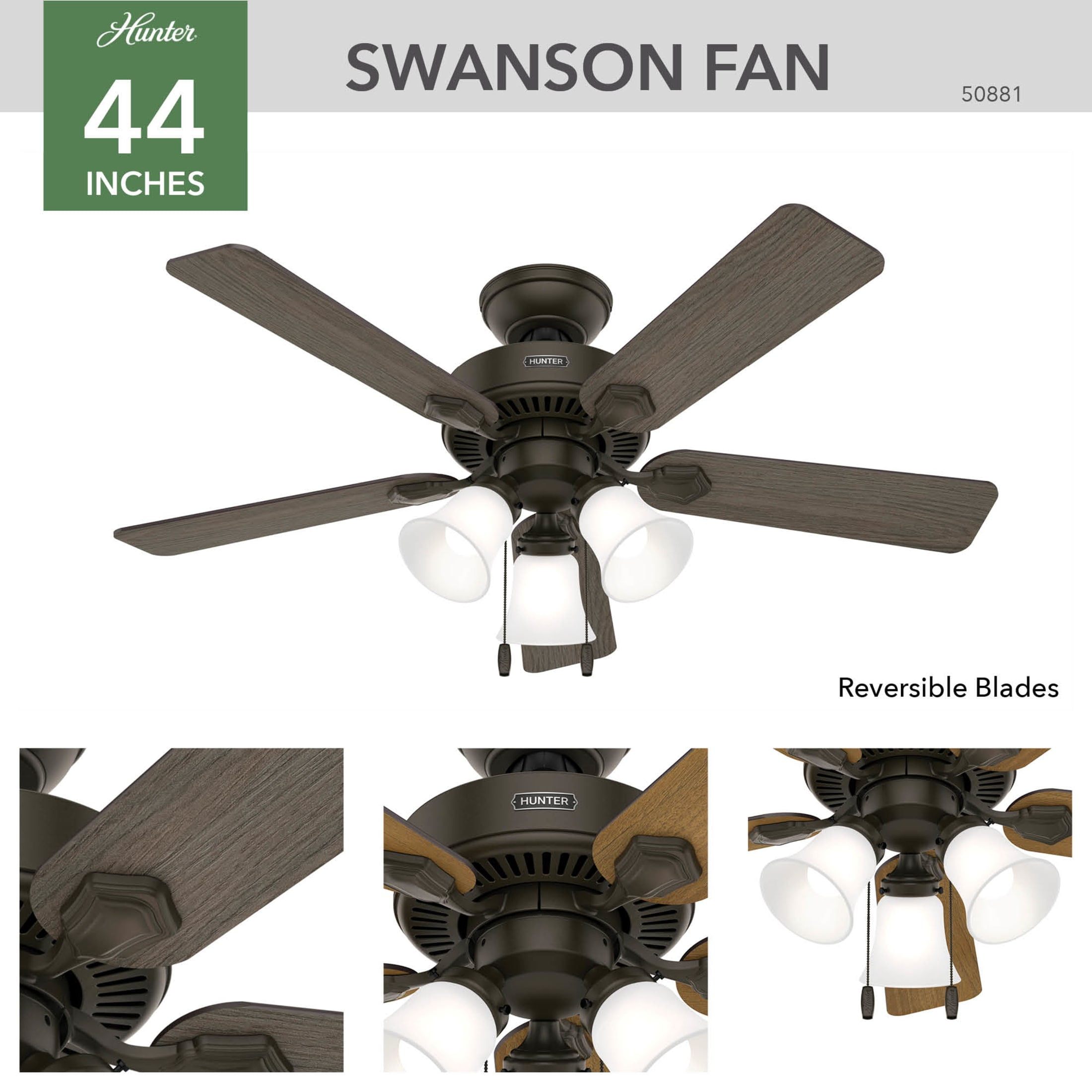 Hunter Swanson Indoor Ceiling Fan with Light, Traditional 3-Speed Motor, Reversible Blades (New Bronze, 44 in) b1fg0