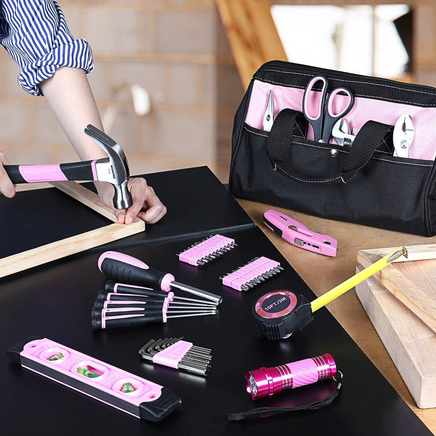 WORKPRO 106-Piece Home Repair Tool Set with Wide Mouth Storage Bag (Pink, 106-Piece) stzxt