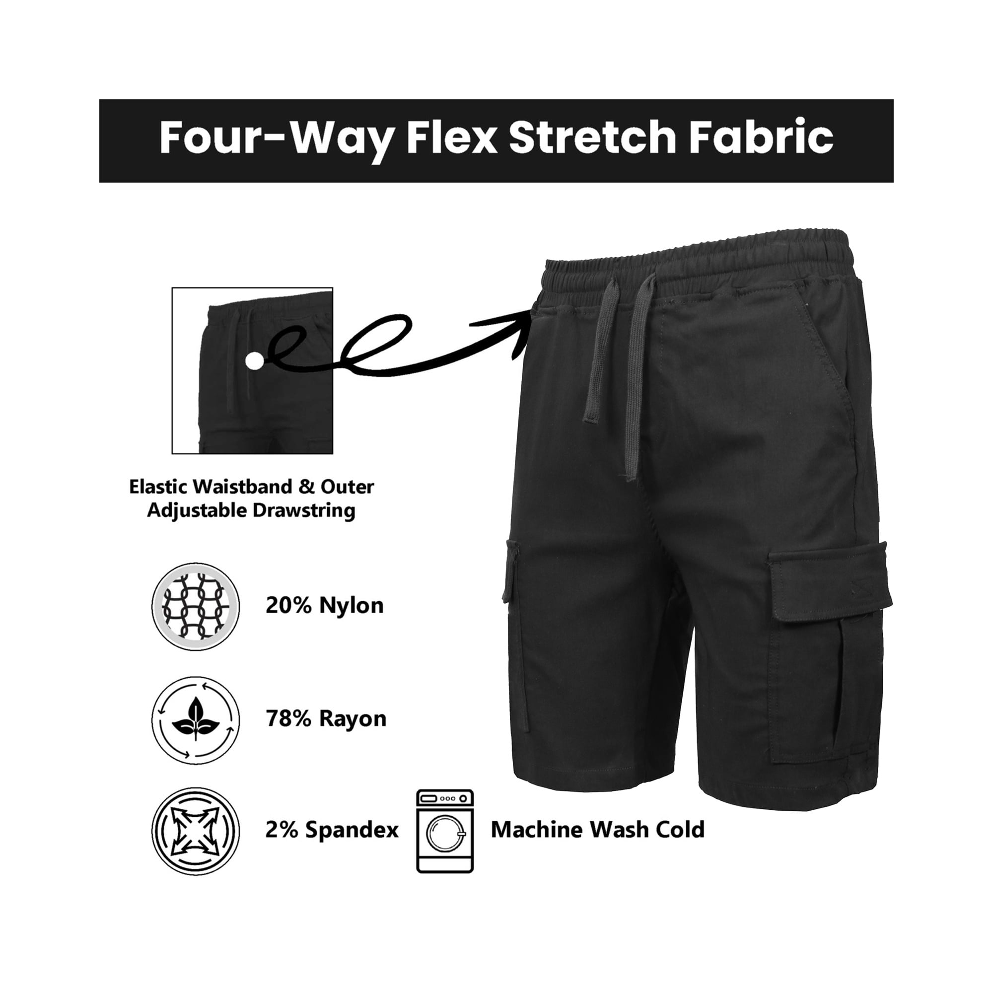 Galaxy by Harvic Men’s Flex Cargo Shorts with Elastic Waistband and Drawstring (Black, 3-Pack) d6hpl