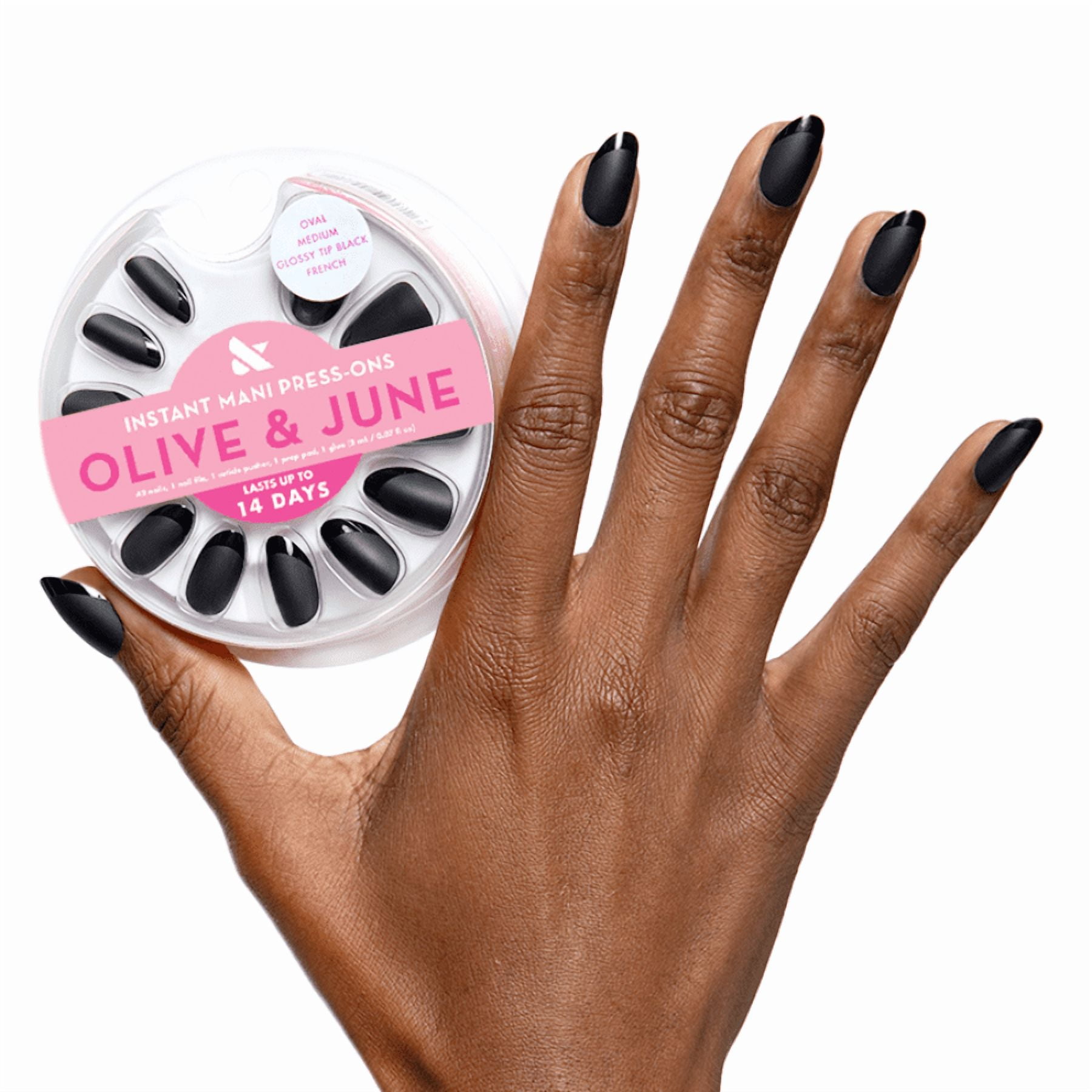 Olive & June Instant Mani Press-on Nails, Medium Oval Shape, Glossy Black French Tip (42 Pieces) j18lz