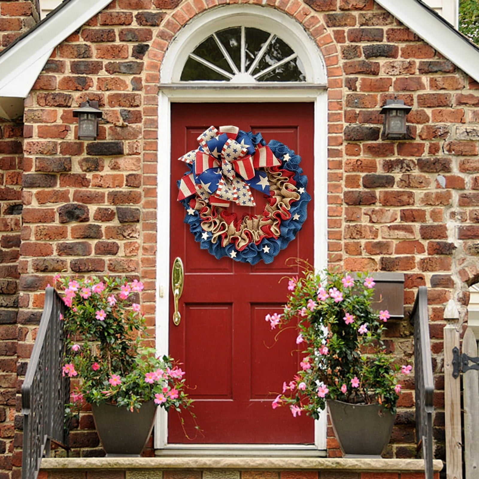 IUAMXWU Patriotic Burlap Wreath, American Flag Bow Ruffled Decor for Front Door (Red, 16 in) p3bnx