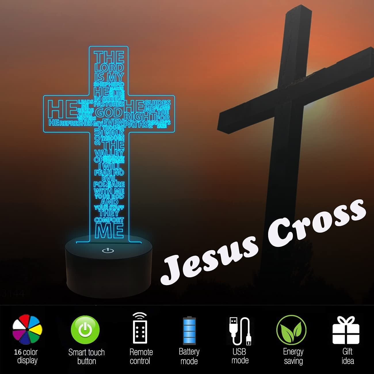 Ysitian Jesus Cross 3D Night Light, LED Optical Illusion Lamp with Remote Control (16 Colors, 8 in) wkyj6