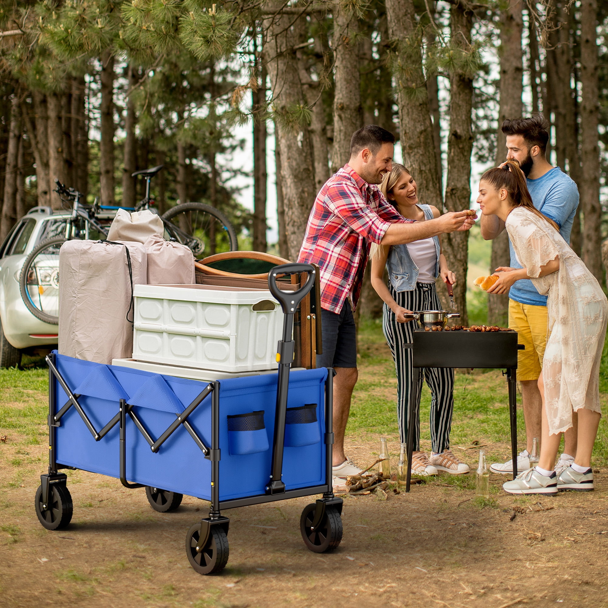 VECUKTY Collapsible Folding Utility Wagon, Heavy-Duty Outdoor Cart for Camping and Gardening (Blue, 300 lb Capacity) 40el2