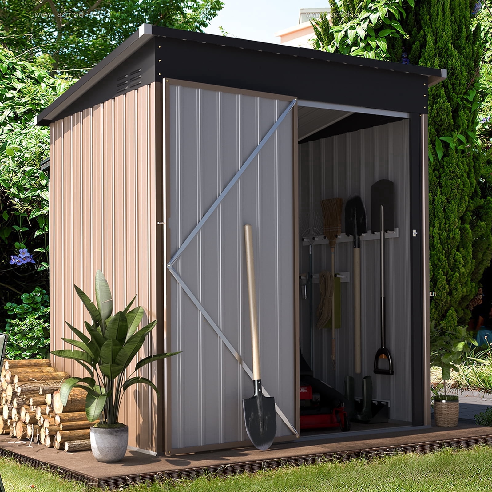 AECOJOY Outdoor Storage Shed Waterproof Horizontal Cabinet for Trash Bins and Bicycles (Brown, 46 cu ft) 6ic0q