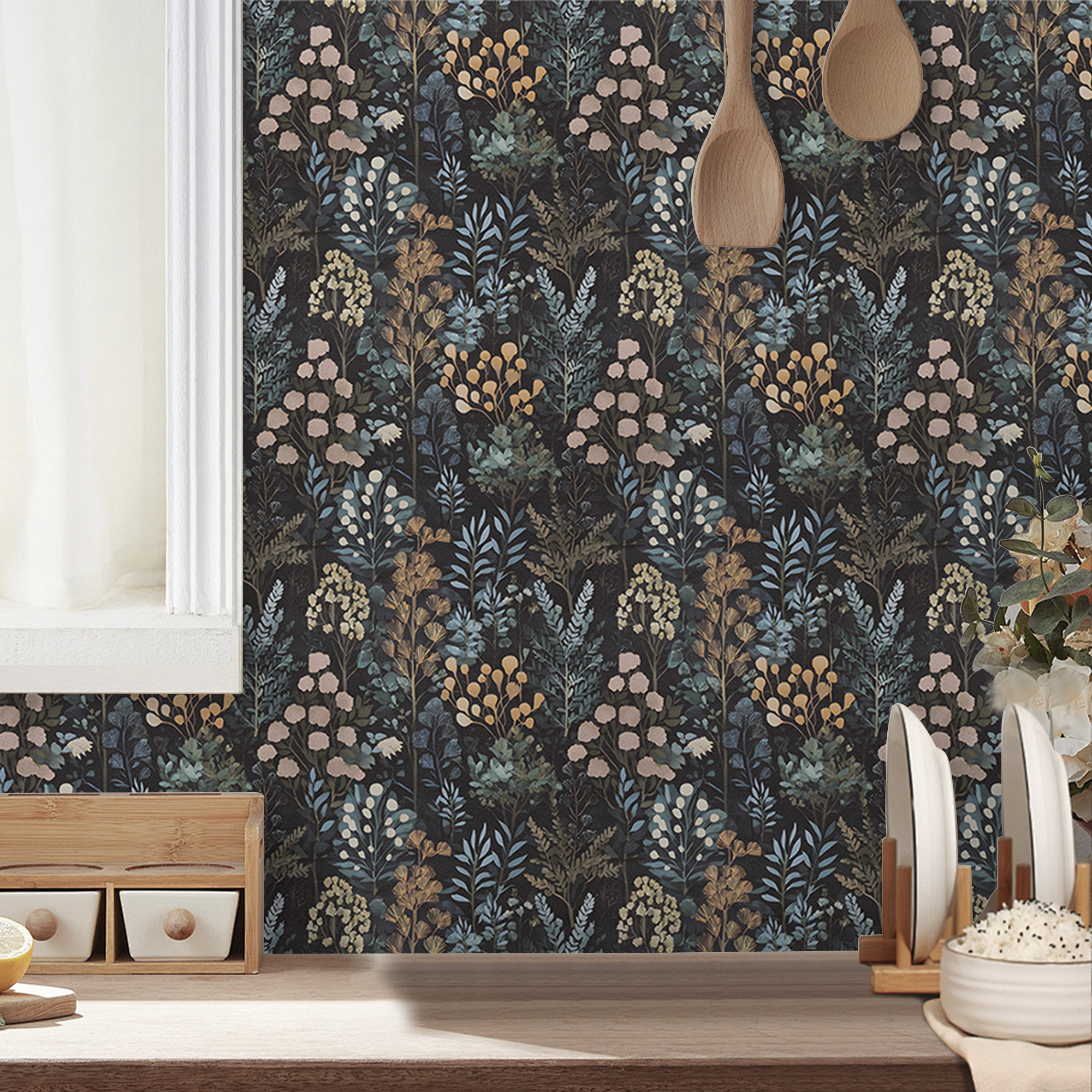 UMIGGEE Floral Peel and Stick Wallpaper, Self-Adhesive Contact Paper for Furniture Renovation (Black, 17.3 in x 118 in) z6949