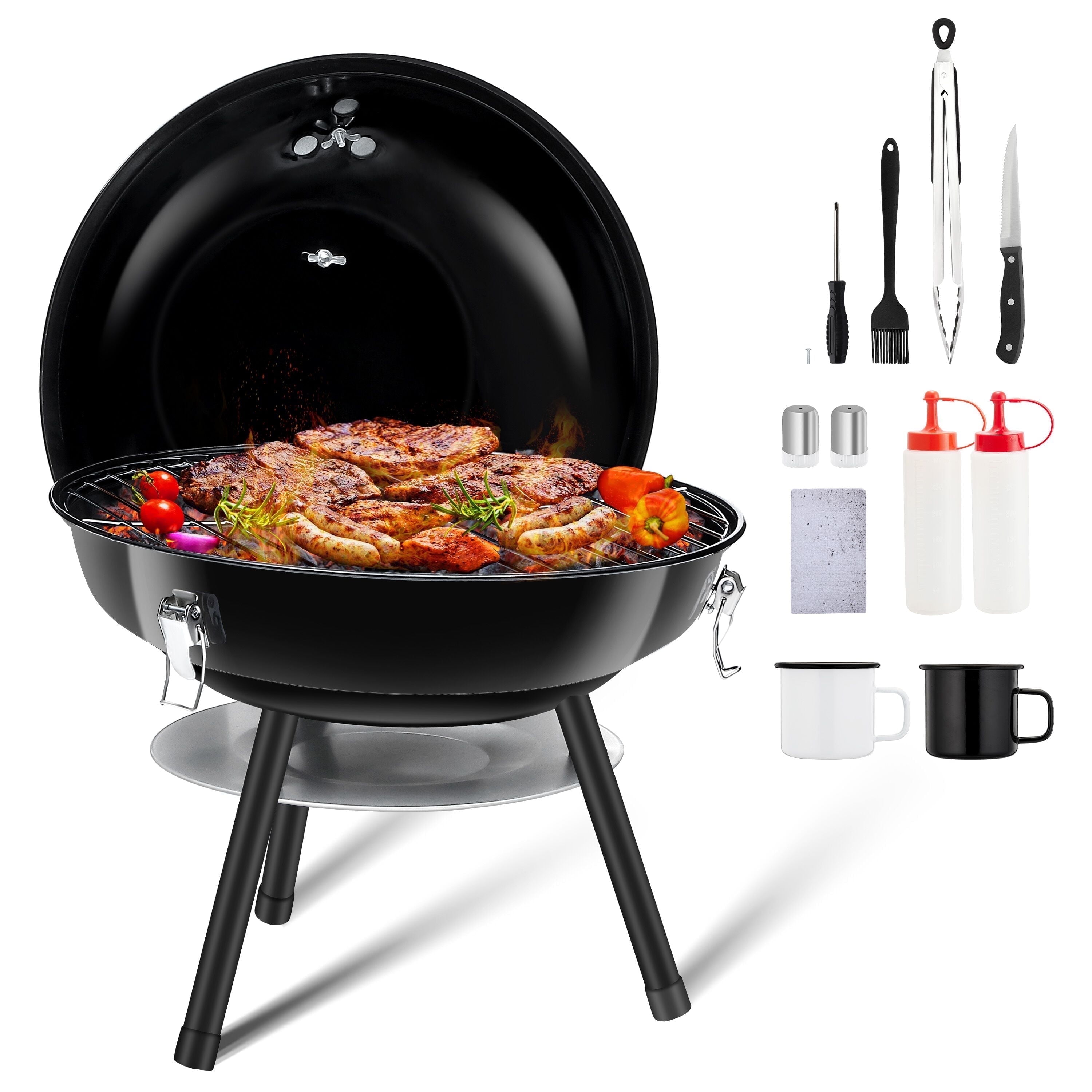 Coliware Portable Charcoal Grill, Enamel Coated Kettle Smoker with Dual Venting System (Black, 14 in) e98l6