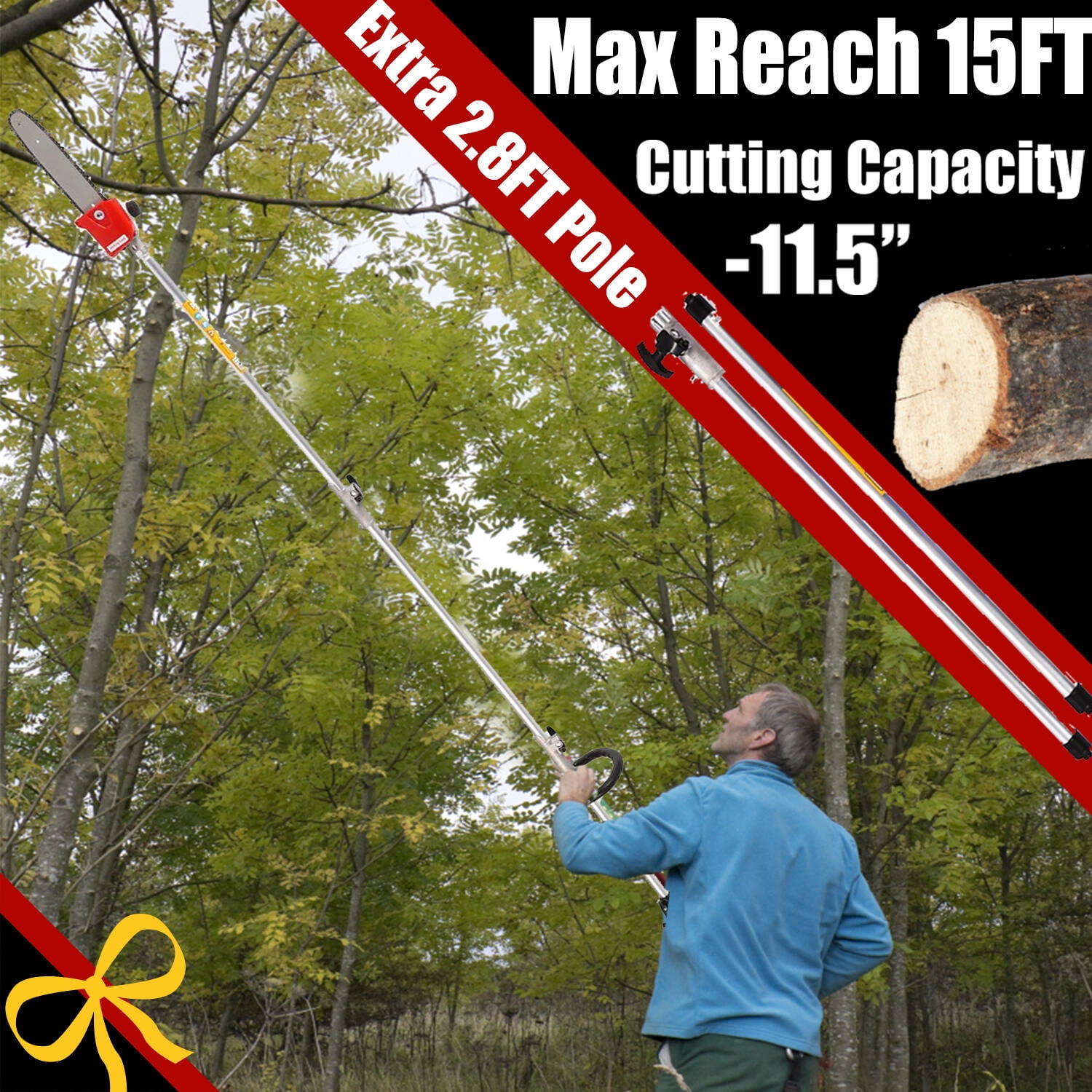 Adnoom 58cc Gas Pole Saw Chainsaw for Tree Trimming, Extendable Branch Cutter with 11.5 in Guide Bar (Red, 10 ft) vujqf