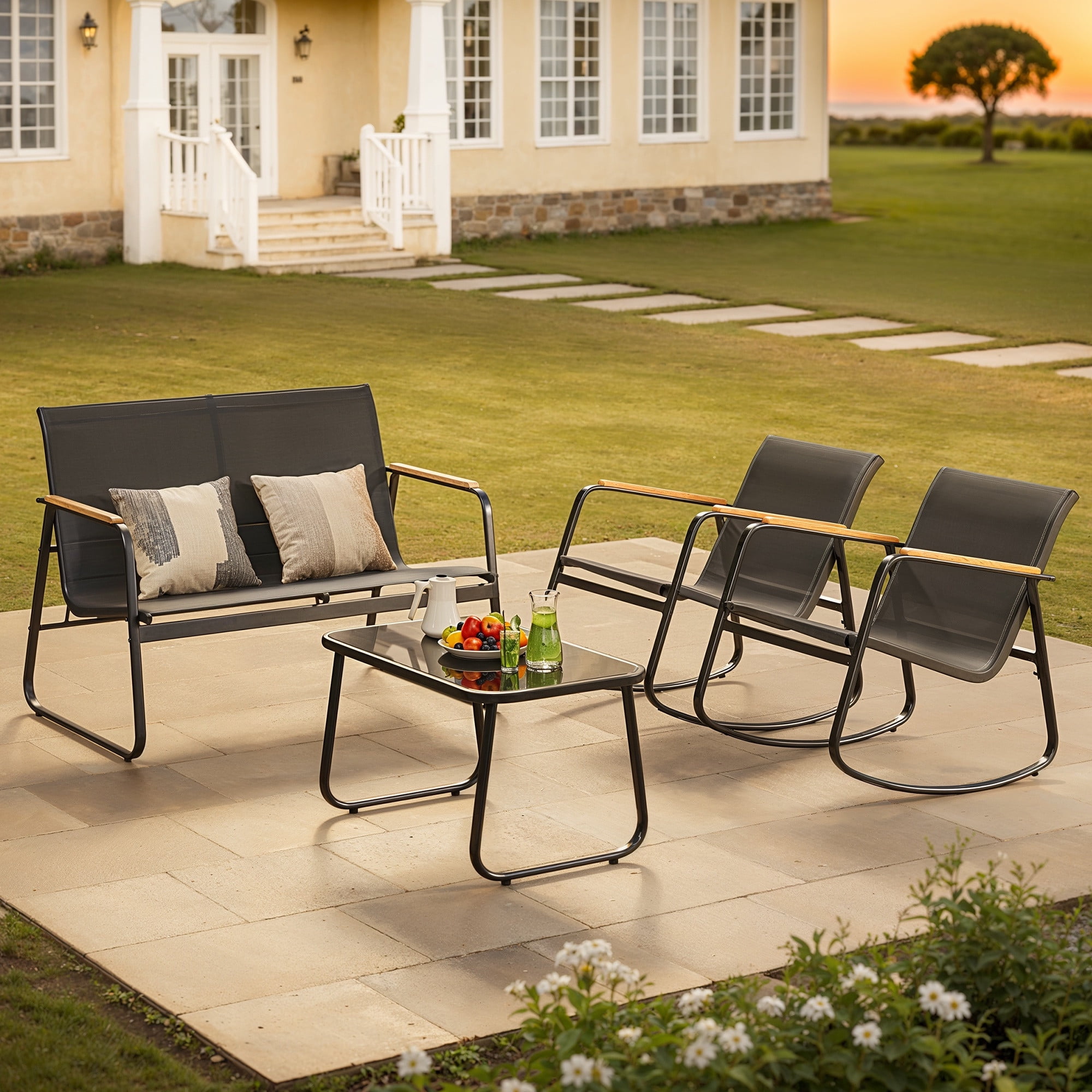 Lofka 4-Piece Patio Furniture Set with Rocking Chairs, Loveseat, and Glass Coffee Table (Black) 9pbiv
