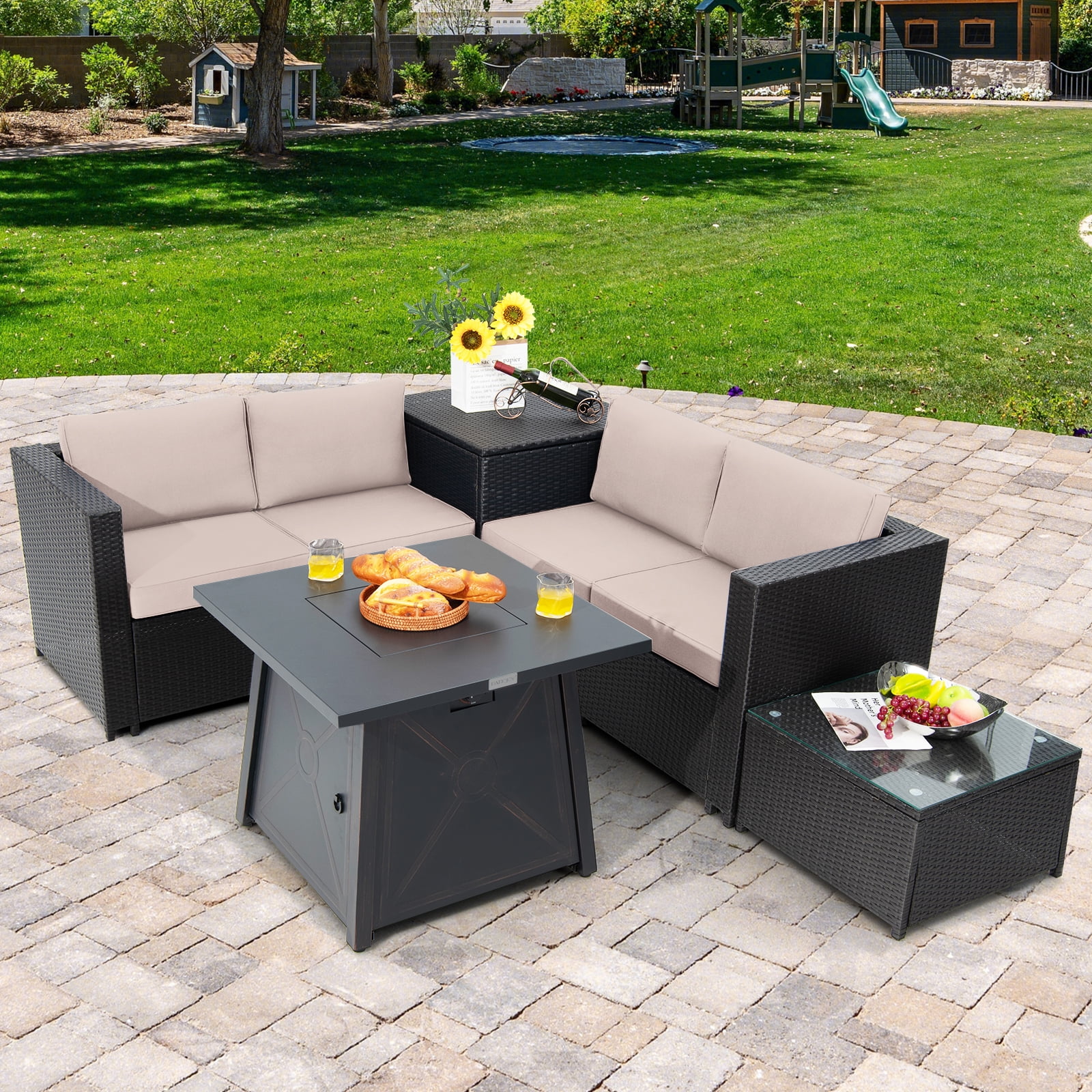 Topbuy 5-Piece Outdoor Patio Furniture Set with Propane Fire Pit Table and PE Wicker Conversation Seating (Beige, 5-Piece) 8dvxh